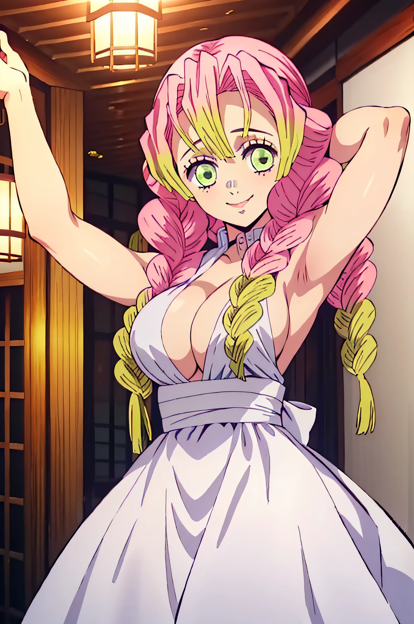 (obra maestra, mejor calidad), 1chica, MitsuriKanroji, deslumbrante, sonrisa, breast, armpits, dress white