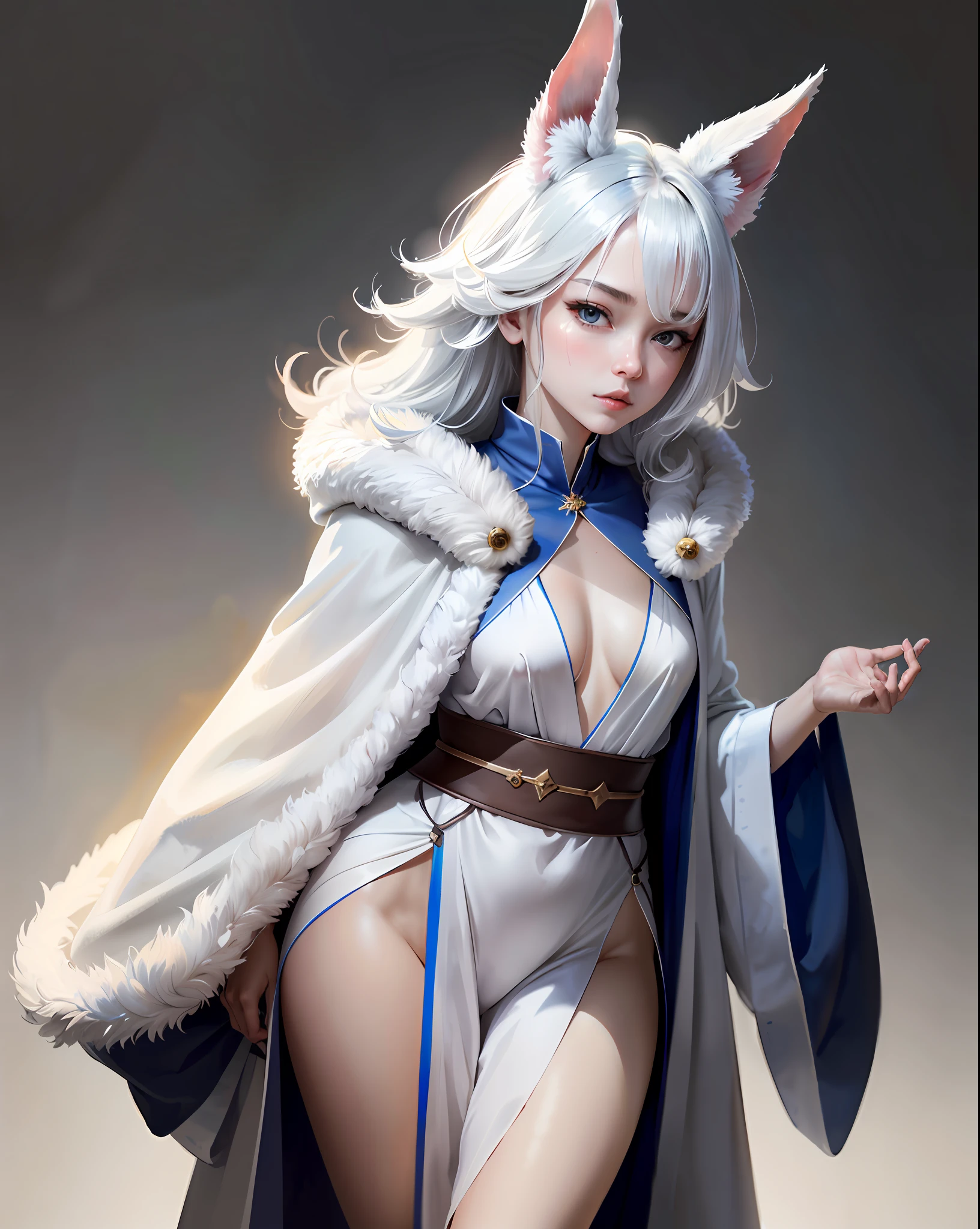 She is a beastman。Ears are rabbits、Although the body is the same as that of a human、The whole body is covered with white fur。The eyes are big and the nose is small。The outfit is a robe like a wizard。Draw accurately with high image quality。