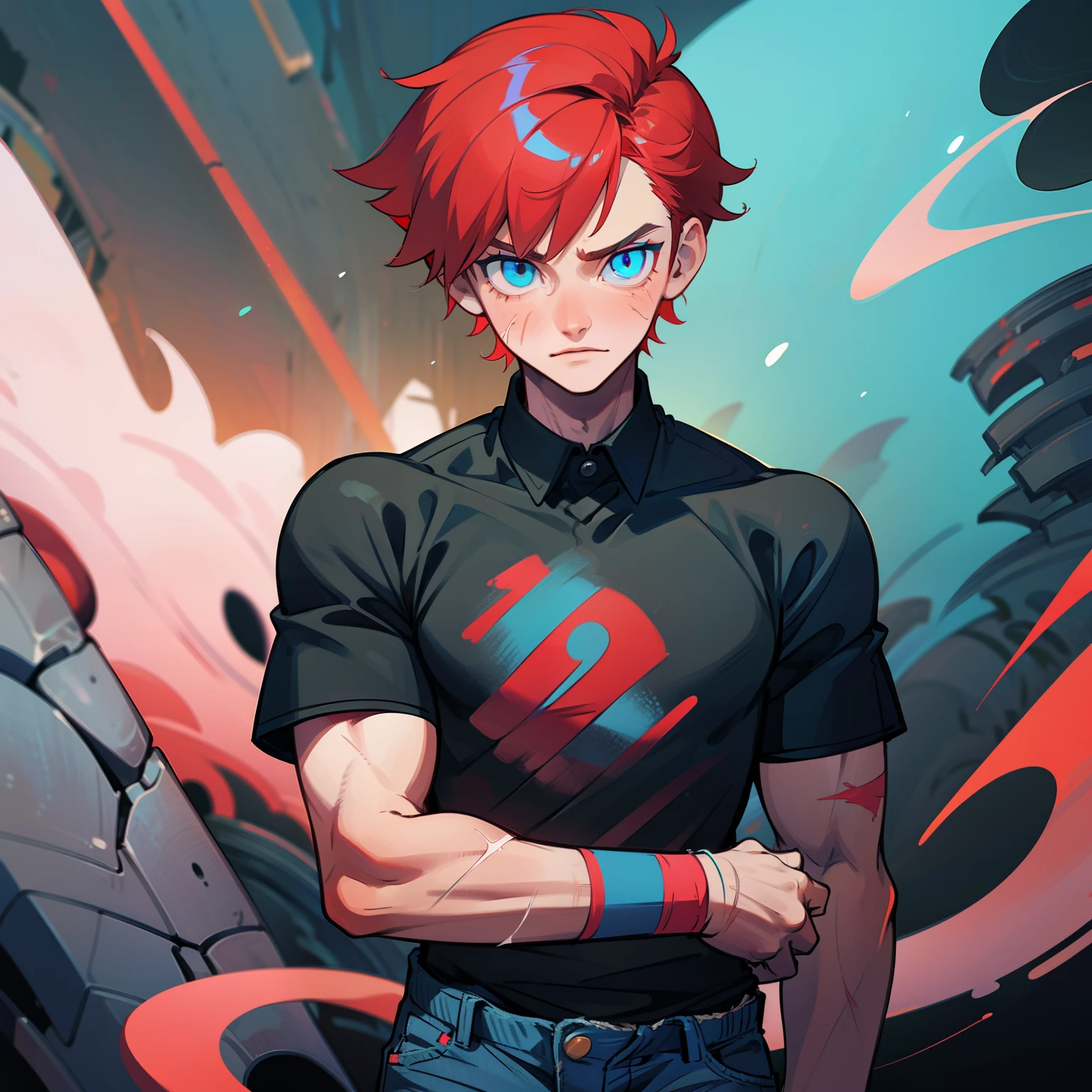 (1 boy), (solo), neon red hair, short hair, pale skin, blue eyes, buff body, strong arms, black shirt, white bands on hands, scar under the left eye, blue jeans, Ripped jeans, ((high quality)), ((very detailed))