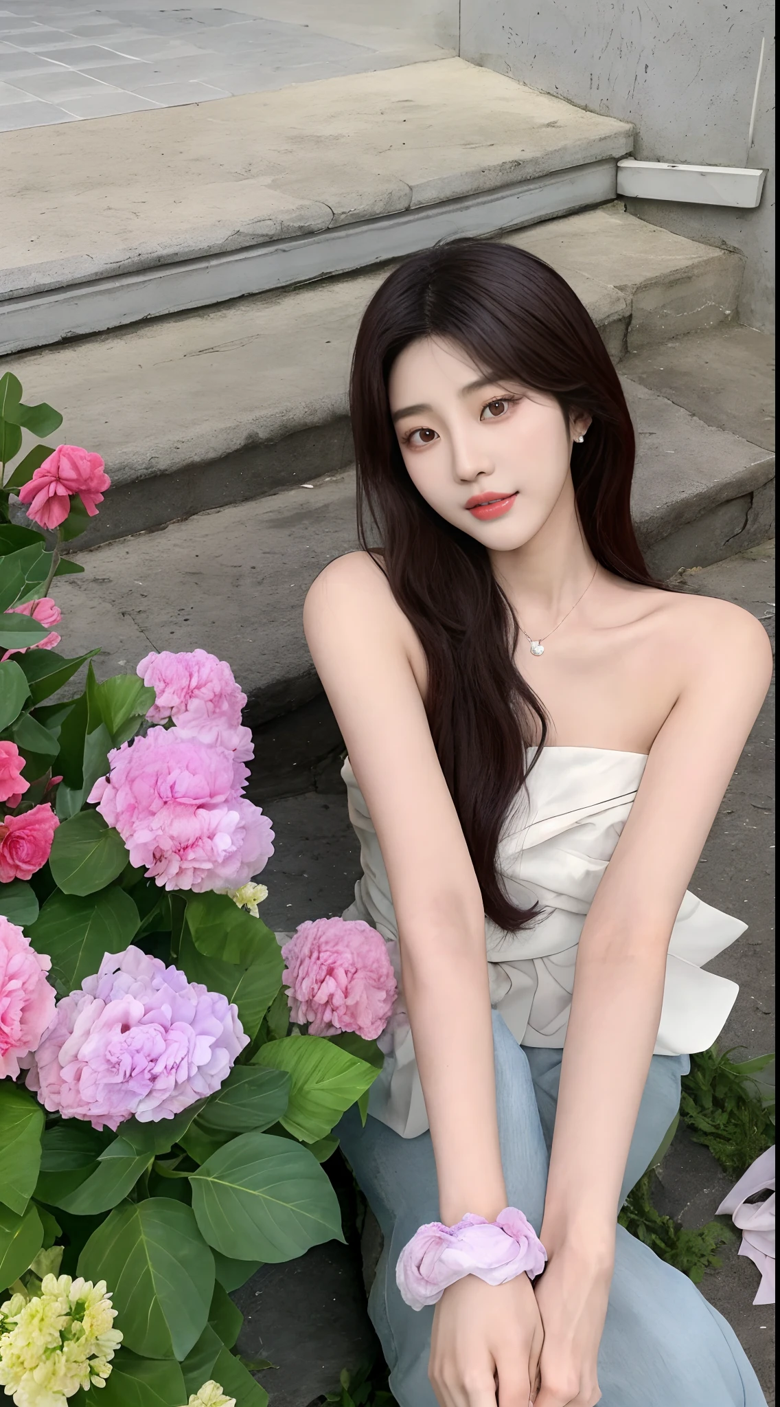 The Araki woman sat on the steps,Flowers in the background, ulzzangs, Gorgeous young Korean woman, Beautiful young Korean woman, Shin Jinying, With flowers, beautiful Korean women, Choi Hyun-hwa, bae suzy, Korean girl, jaeyeon nam, Album art, sakimichan, seseon yoon, lee ji eun