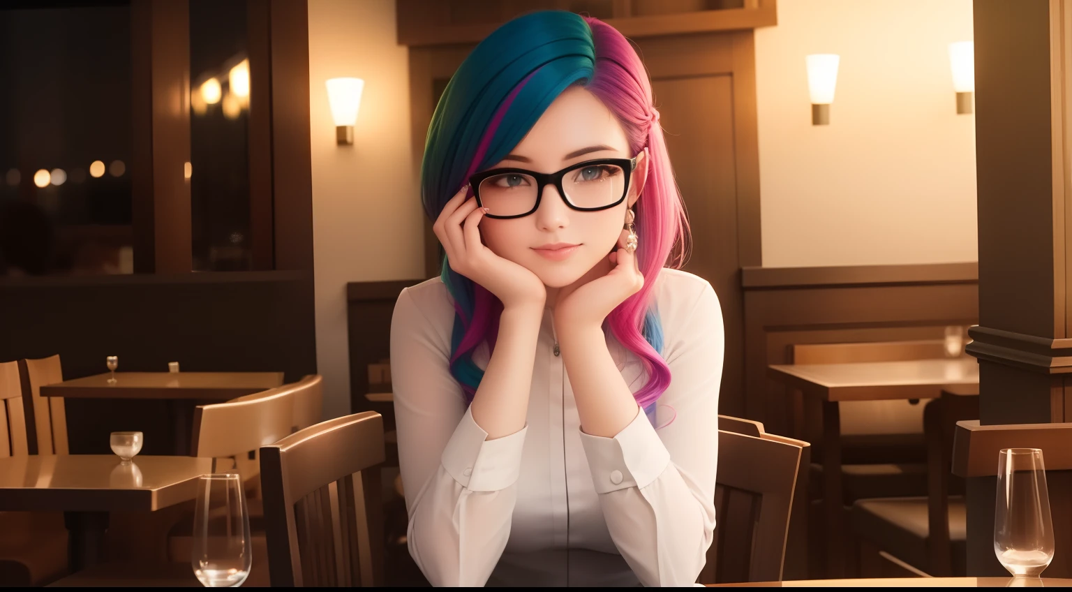nerdy {multicolored hair} {evening dress} restaurant candlelight