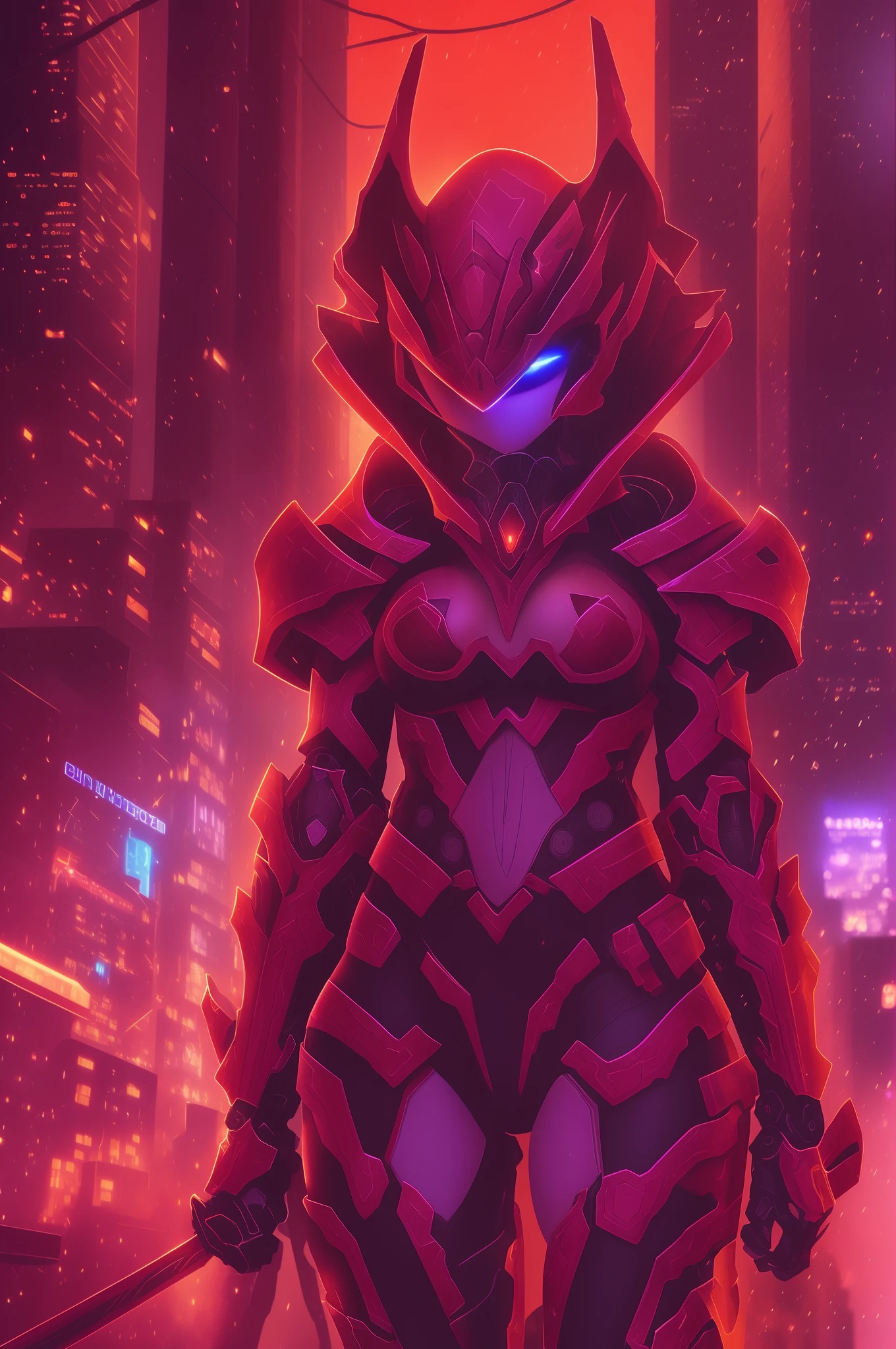 (masutepiece,Best Quality: 1.2),(Ultra-detailed face),(No headgear),Her armor is、Glows red as neon city lights dance across its mechanical surface. Complex cybernetics is、Empowers her movements with inhuman speed and strength. She calmly walks through the lower sector, The alley was bathed in the bright red glow of her futuristic suit. In her grip、There is a lively longsword, Its edges humming in plasma, Ready to dispense justice. She is the guardian who watches over this city, Although few people know her name. Criminals Whisper Crimson Knight Rumors, A cybernetically enhanced warrior who swore to protect the innocent. They talk about her inhuman reflexes and her burning sword that cuts through any defenses. How she looks from the shadows, Red blur for quick decisions. tonight、Her sensors are、Detected fraud is、Brewed again in these lawless streets. Let the city sleep, Only she is on alert, Silent sentries watch over. Her cybernetic system is、People who can't protect themselves々When you are preparing to fight、Start targeting threats. Crimson Nights are ready, Eta、Justice will be dealt with swiftly tonight.