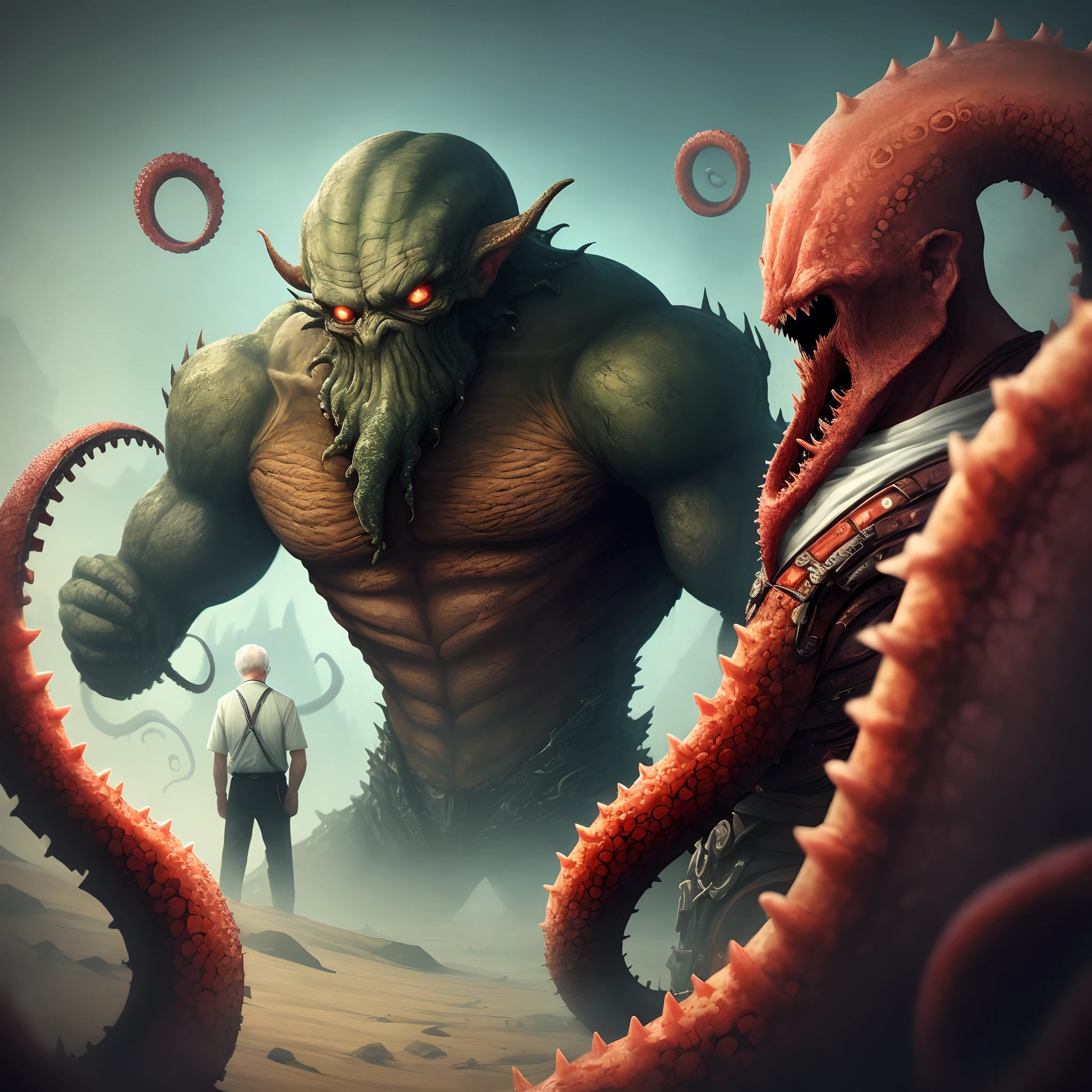 An elderly scientist,There are two monsters with tentacles around him