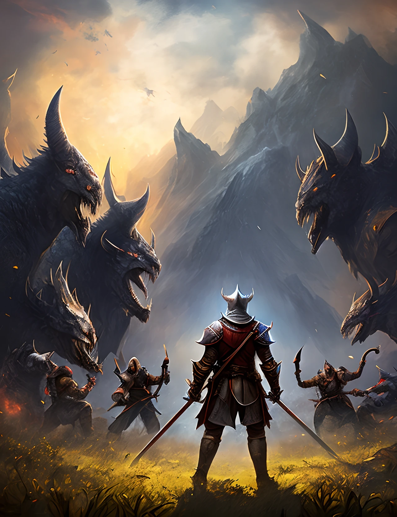 A lonely knight in the middle of the mountain surrounded by demons and monsters, but bravely fights them.