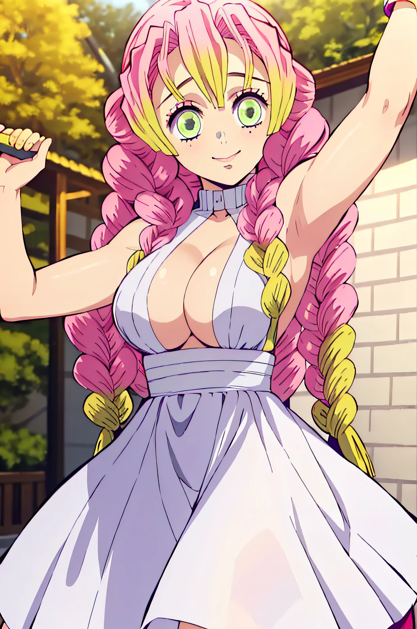(obra maestra, mejor calidad), 1chica, MitsuriKanroji, deslumbrante, sonrisa, breast, armpits, dress white