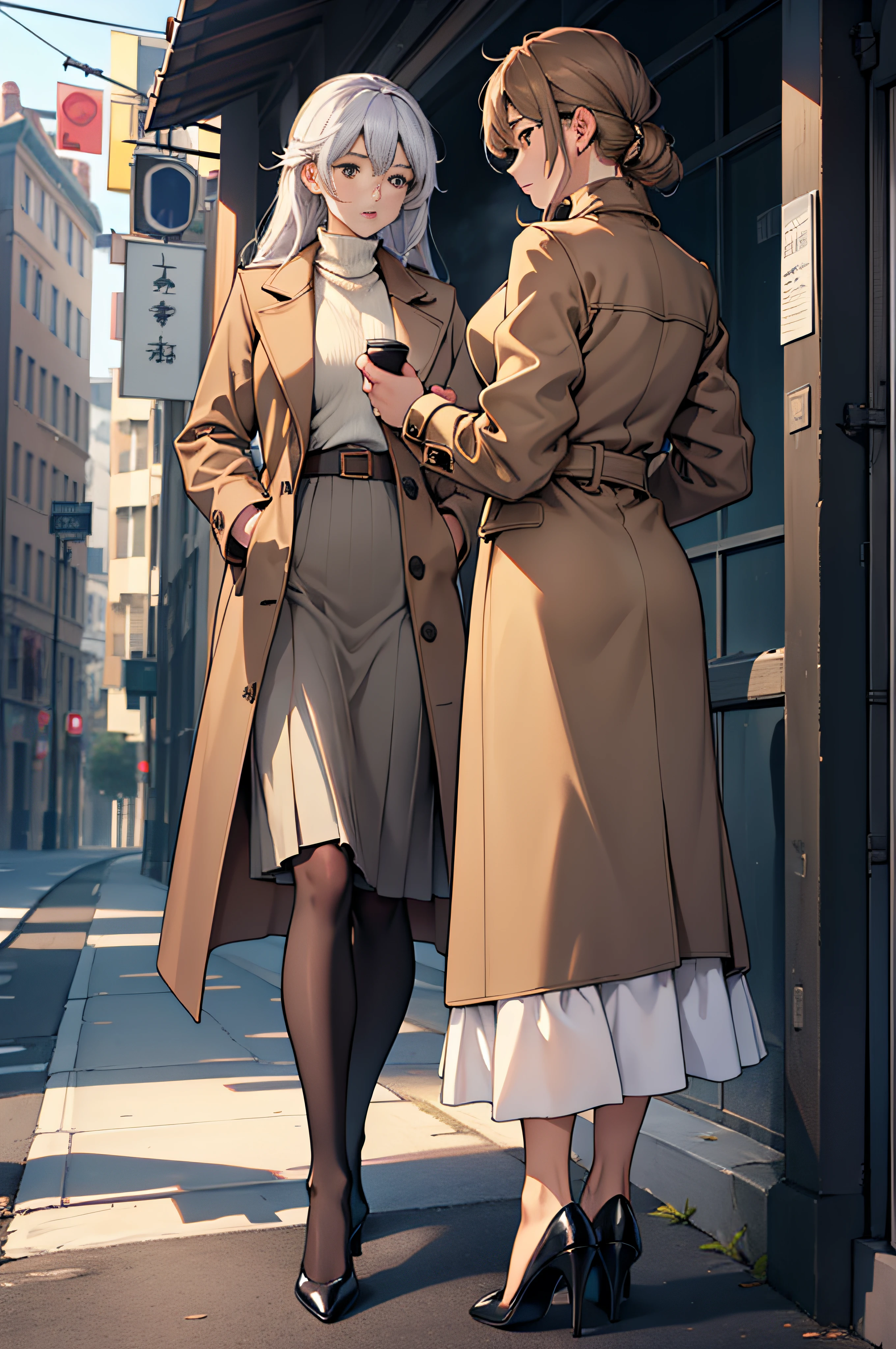 (absurderes、hight resolution、ultra-detailliert)、(the Extremely Detailed CG Unity 8K Wallpapers、Beautifully Aesthetic:1.2)、(1girl in:1.3)、Lady、独奏、The upper part of the body、rcasual、It features a simple、Natural Fabric、Rear view、Flared Long Skirt、pumps、dressed casually, Sweaters, turtle、Full body photo、long-legged、natta、Winters、winter coat、(long brown coat)、(turtle neck)、tall、kou、Beautie、Good style、