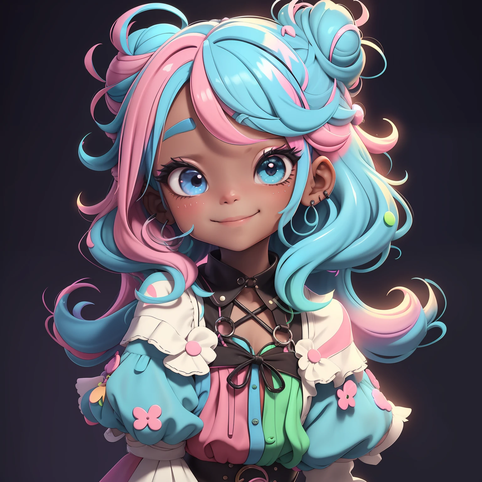 Loli menina velho, (velho), multicolorido, sorrindo, boca delicada, cabelo delicado, olhos delicados, Slime cabelo bun estilo de cabelo, multicolorido, roupas rave neon, master part, best quality, fundo simples e branco