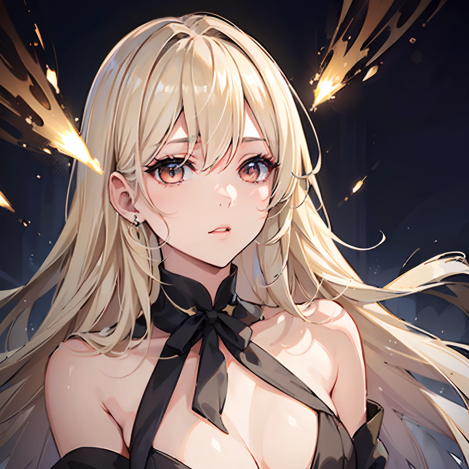 "(Blond hair with white eyes:1.3) girl in a sleek, black gown exuding an air of heartlessness and coldness, radiating elegance and majesty. She appears devoid of emotions."
