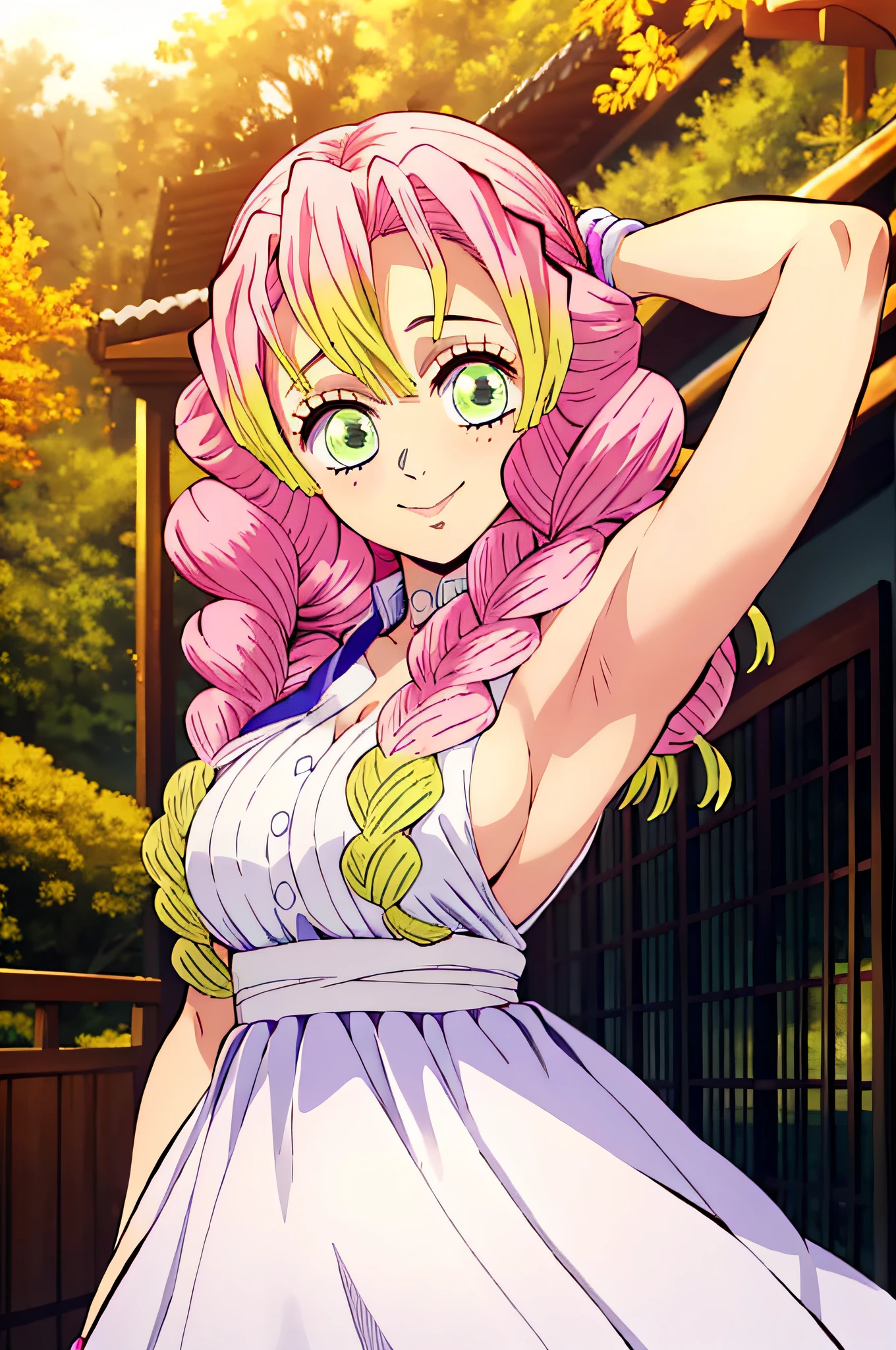 (obra maestra, mejor calidad), 1chica, MitsuriKanroji, deslumbrante, sonrisa, breast, armpits, dress white