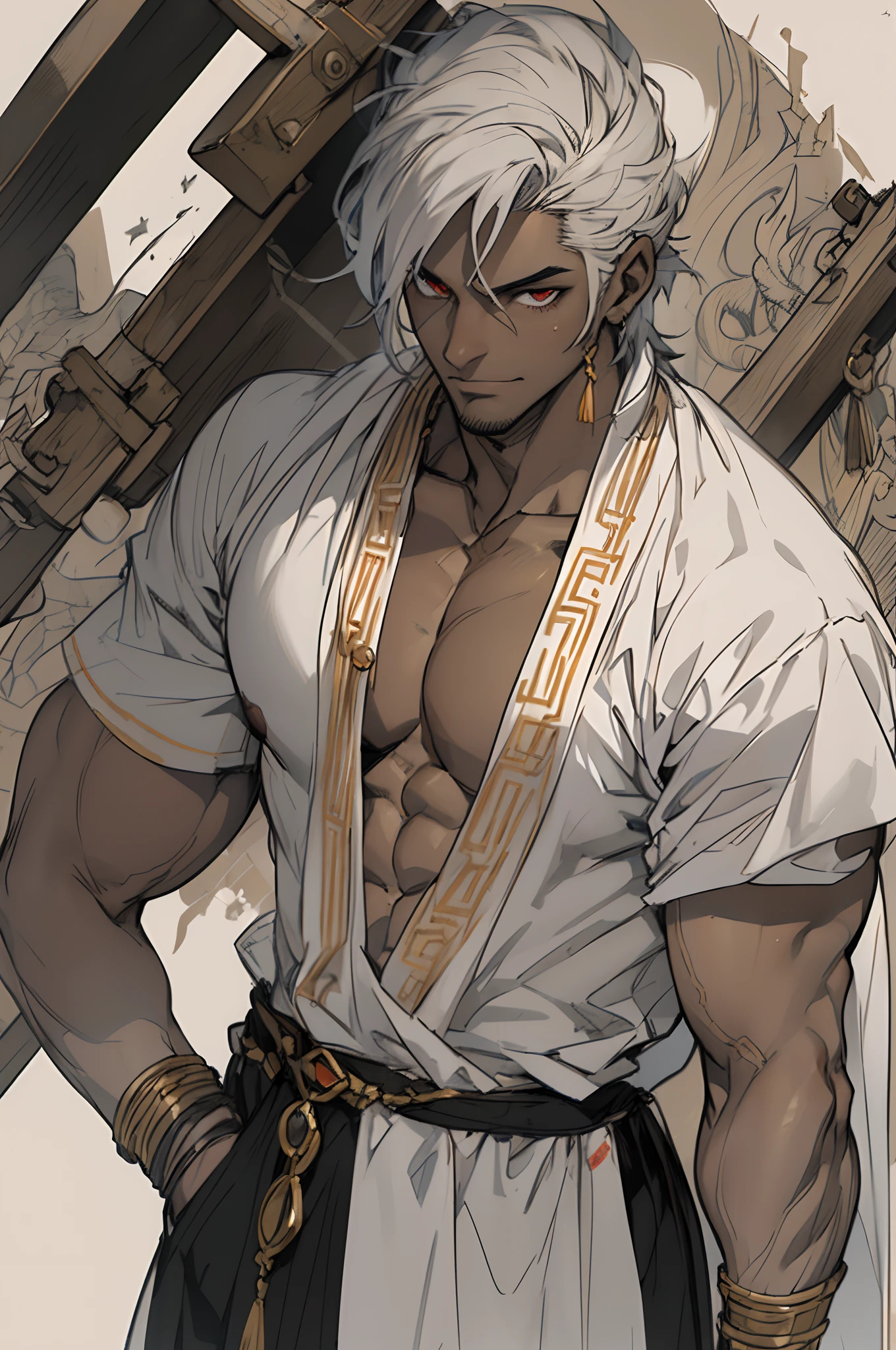 "Stunningly detailed anime sketch of a solo ((tall)) ((muscular)) ((dark-skinned)) greek male. He exudes maturity and has vibrant wild white hair and red pupils and white sclera. Dressed in revealing ancient greek clothing, works as a blacksmith."
