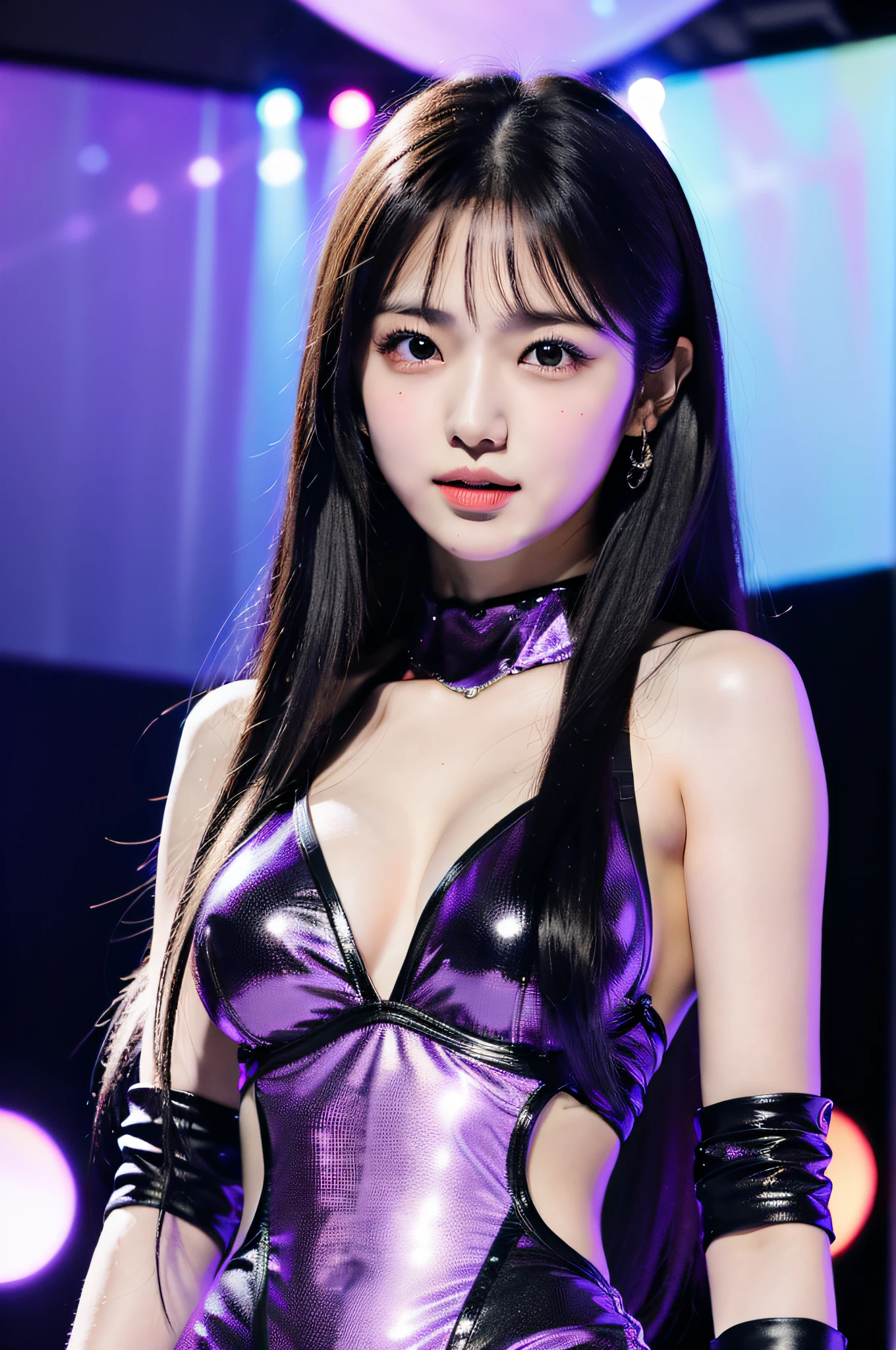 Close up of Eri Kamei of Morning Musume during a live performance. She is adorned with a shimmering purple costume, Her face represents the passion and emotion of the song. The background is stage lighting and blurred audience seats., Create a bokeh effect. Medium: digital photo. Style: Ultra-detailed, Emphasizes the complexity of her facial features and the sparkle in her eyes. Lighting: Soft front light with backlight chip to create a halo effect. Colors: Dark purple and contrasting stage lights. Composition: Nikon D850, Nikkor 85mm f/1.4G lens, Resolution 45.7 megapixels, ISO sensit: 25,600, Shutter Speed 1/200 second. --ar 16:9 - V5.1 --Style raw --Q 2 --S 750