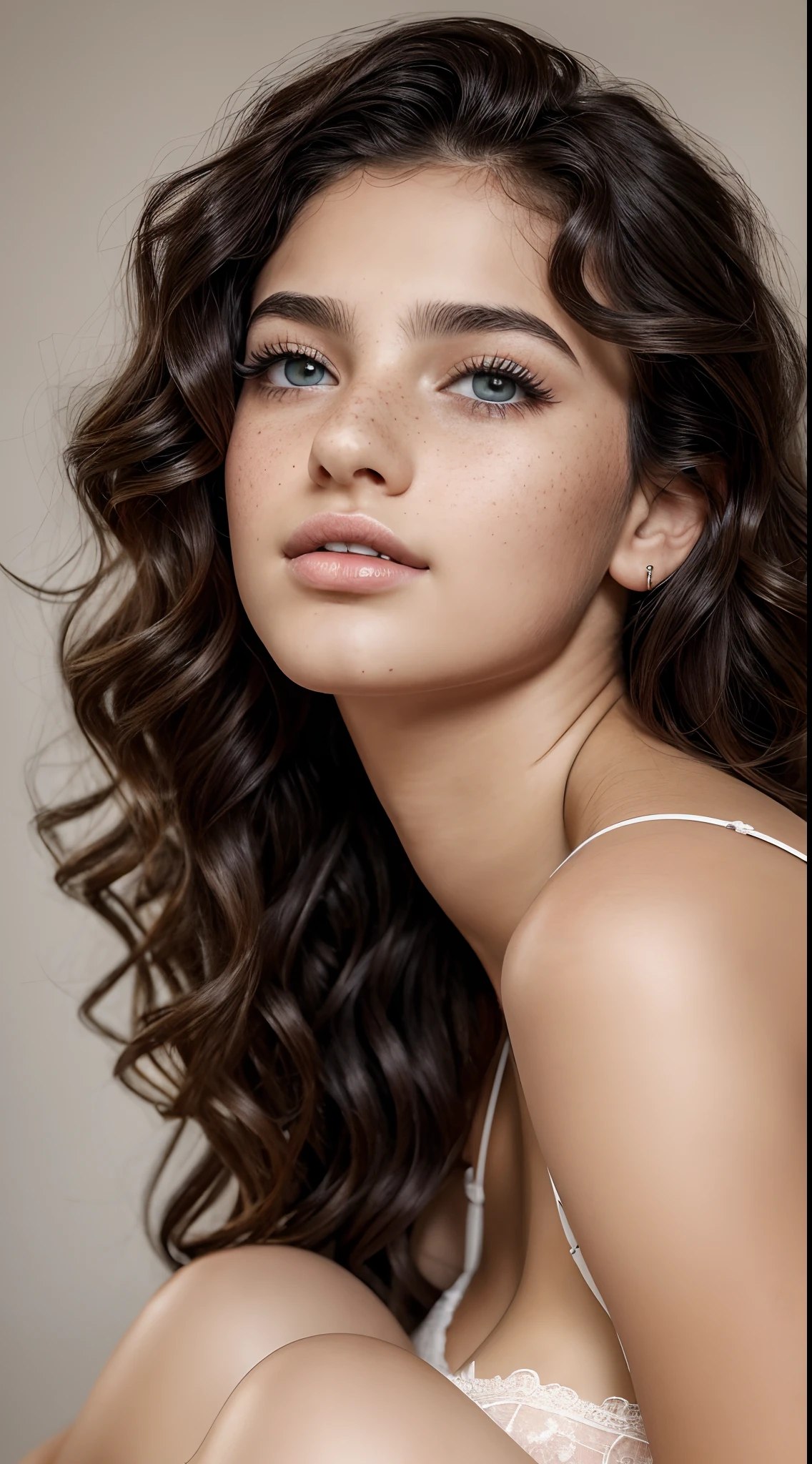 From above shot of beautiful jewish laying on back and ( Pain screaming ) , ( Soft Doll facial features ), 19 years old, ( Extremely long and detailed eyelashes), Large full round detailed lips, sterling gray eyes color:1.4 ,soft round face shape , small upturned snub nose , Detailed eyes ,beautiful eyes , botox lips , Skinny face , Face focus , (( Breathtaking facial features)), she is young and cute, so beautiful , (soft black mascara ), (Curly hair ), Her hair is fell upwards , (Light Brunette hair color), (Realistic detailed eyes), Natural big tits , Wearing light turquoise delicate lingerie , Masterpiece, Professional photo , Realistic, Huge image size , Absurd , Best quality ,DoF bokeh, DSLR photography, 8k, 20 megapixel, glamour shoot, contrast, textured skin, light freckles,hard light, gigapixel, flawless face, Side view, White background, Strong straight lighting, light on face
