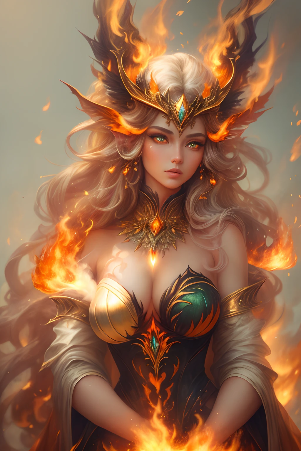 This (realistic fantasy) art contains embers, real flames, real heat, and realistic fire. Generate a masterpiece artwork of a petite female fire druid with large (((orange and gold))) eyes. The fire druid is awe-inspiring with beautiful ((realistic fiery eyes)) alight with confidence and power. Her features are elegant and well defined, with ((soft)) and (((puffy))) and (((smooth))) lips, elven bone structure, and realistic shading. Her eyes are important and should be the focal point of this artwork, with ((extremely realistic details, macro details, and shimmer.)) She is wearing a billowing and glittering dress made of realistic flames and jewels that glimmer in the fire light. Wisps of fire and smoke line the intricate bodice of the dress. Include bumps, stones, fiery iridescence, glowing embers, silk and satin and leather, an interesting background, and heavy fantasy elements. Camera: Utilize dynamic composition techniques to enhance the realistic flames.