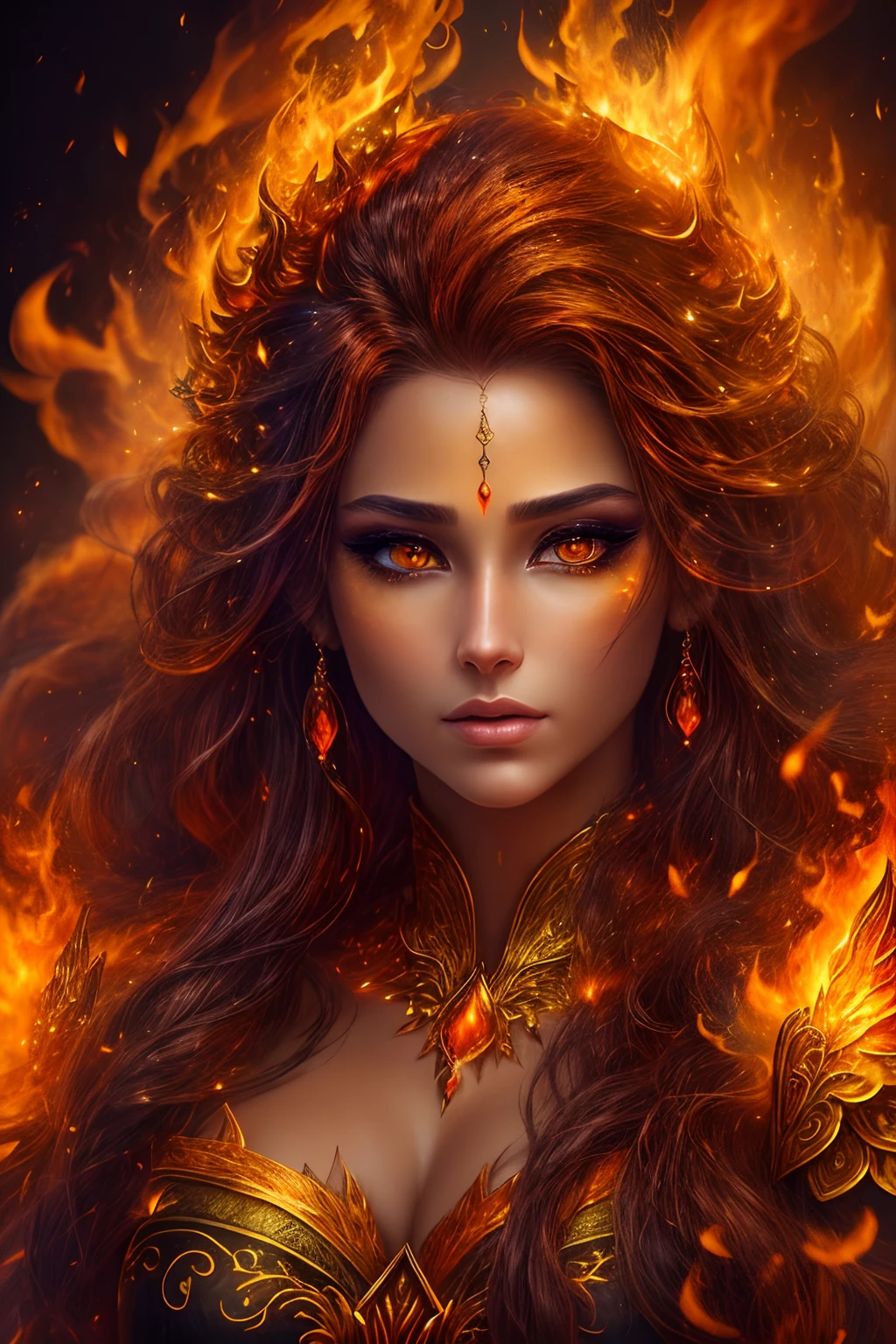 This (realistic fantasy) art contains embers, real flames, real heat, and realistic fire. Generate a masterpiece artwork of a ite female fire druid with large (((orange and gold))) eyes. The fire druid is awe-inspiring with beautiful ((realistic fiery eyes)) alight with confidence and power. Her features are elegant and well defined, with ((soft)) and (((puffy))) and (((smooth))) lips, elven bone structure, and realistic shading. Her eyes are important and should be the focal point of this artwork, with ((extremely realistic details, macro details, and shimmer.)) She is wearing a billowing and glittering dress made of realistic flames and jewels that glimmer in the fire light. Wisps of fire and smoke line the intricate bodice of the dress. Include bumps, stones, fiery iridescence, glowing embers, silk and satin and leather, an interesting background, and heavy fantasy elements. Camera: Utilize dynamic composition techniques to enhance the realistic flames.