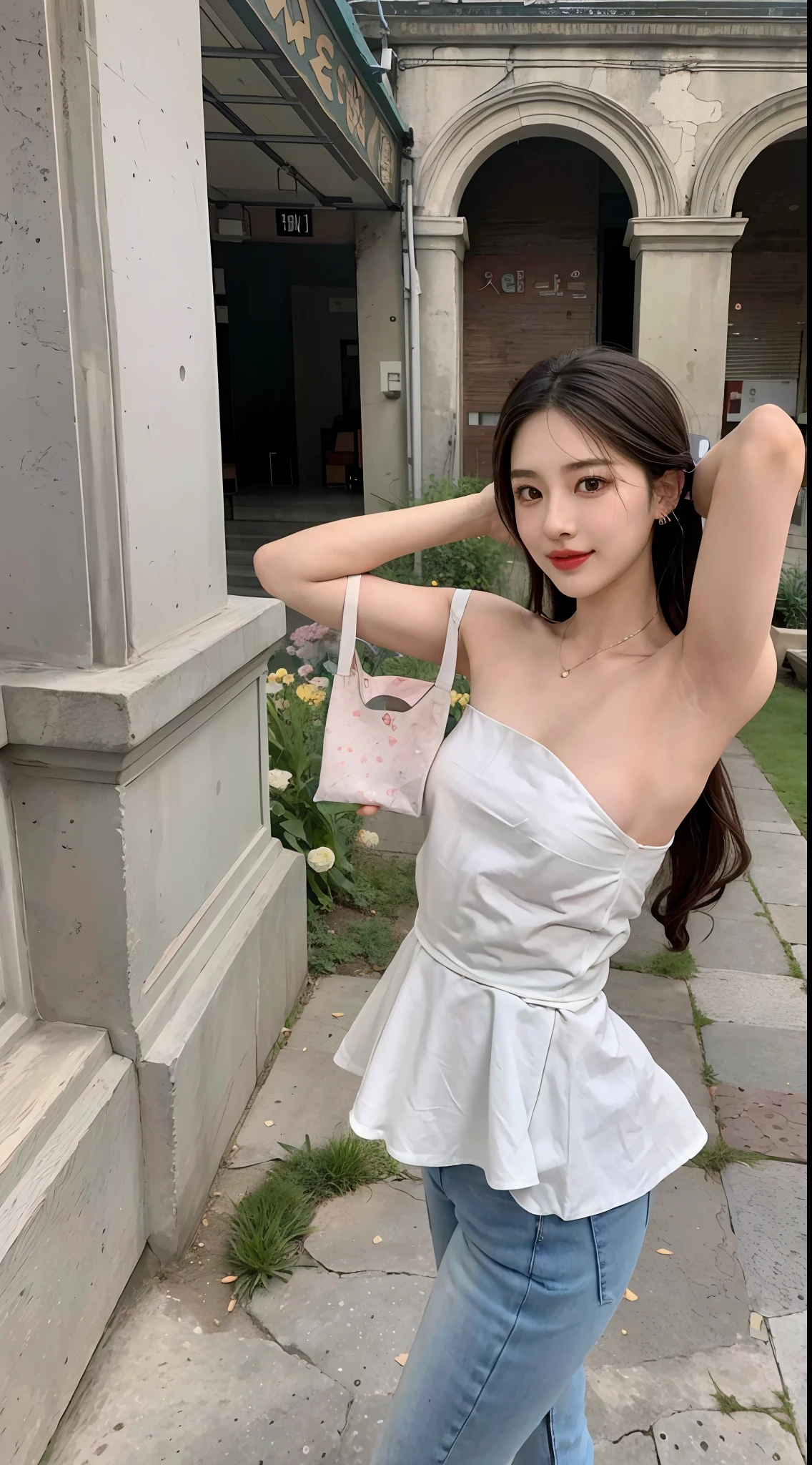 araffed woman in a white top and jeans posing for a picture, bae suzy, dilraba dilmurat, ulzzangs, belle delphine, Bandeau Dress, Shin Jinying, young and cute girl, jaeyeon nam, Beautiful young Korean woman, Gorgeous young Korean woman, Porquimane, xintong chen, a cute young woman