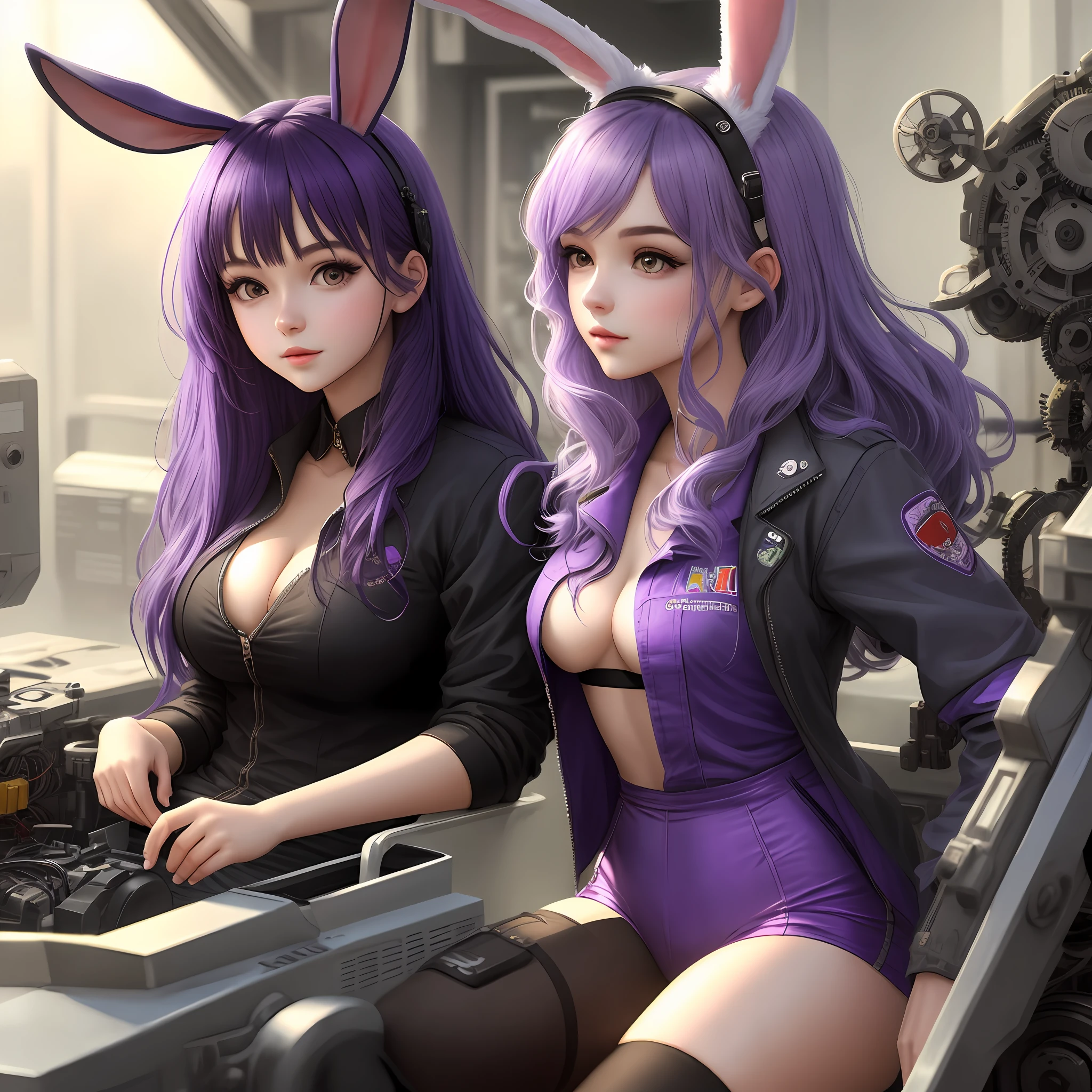 Bunny girl, purple hair, young woman, mechanical