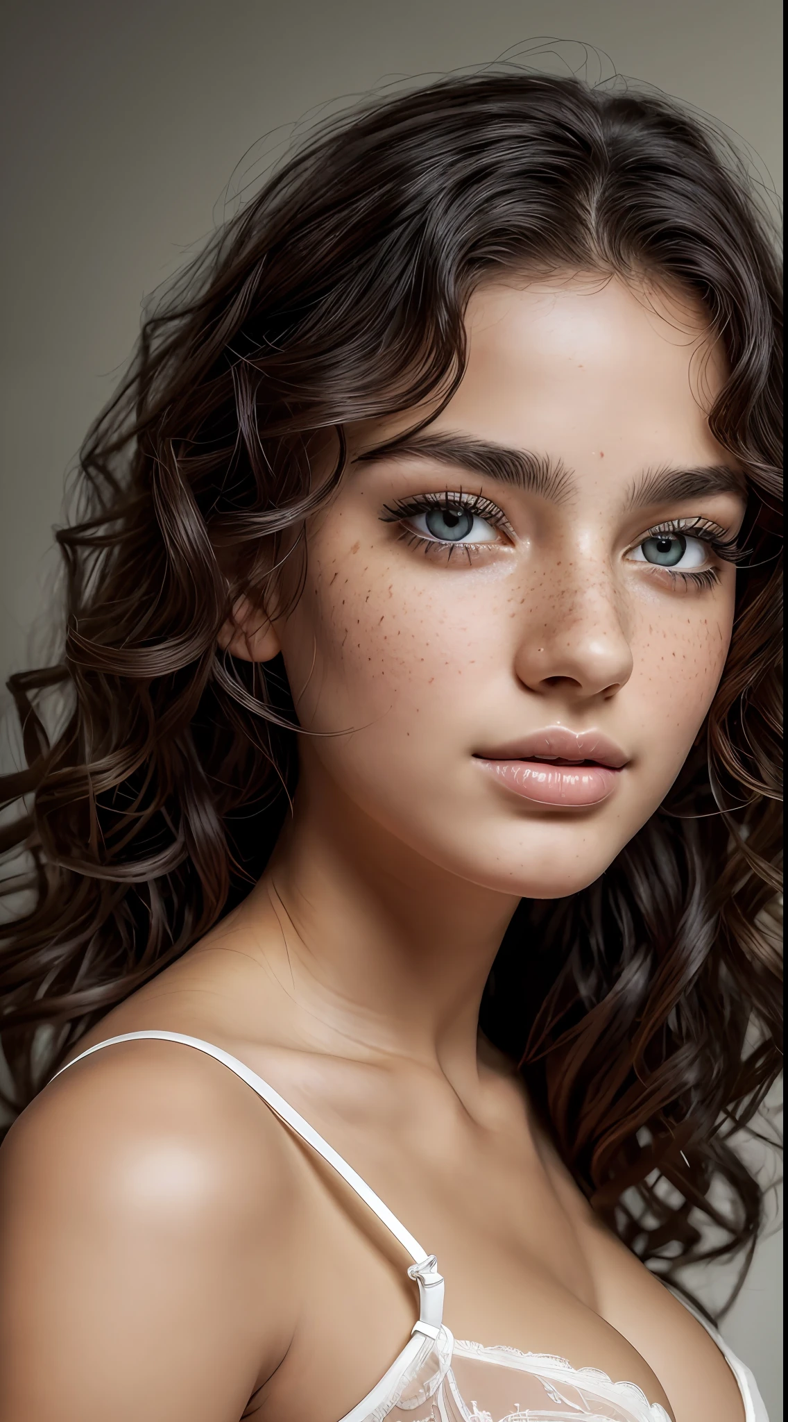 From above shot  of beautiful jewish teen laying on back and  ( Pain screaming )  , ( Soft Doll facial features ), 19 years old,  ( Extremely long and detailed  eyelashes), Large full round detailed lips, sterling gray eyes color:1.4 ,soft round face shape , small upturned snub nose ,  Detailed eyes  ,beautiful eyes , botox lips , Skinny face , Face focus , (( Breathtaking facial features)), she is young and cute, so beautiful , (soft black mascara ), (Curly hair ), Her hair is fell upwards , (Light  Brunette hair color), (Realistic detailed eyes), Natural big tits ,  Wearing light turquoise delicate lingerie , Masterpiece, Professional photo , Realistic, Huge image size , Absurd , Best quality ,DoF bokeh, DSLR photography, 8k, 20 megapixel, glamour shoot, contrast, textured skin, light freckles,hard light, gigapixel, flawless face, Side view, White background, Strong straight lighting, light on face