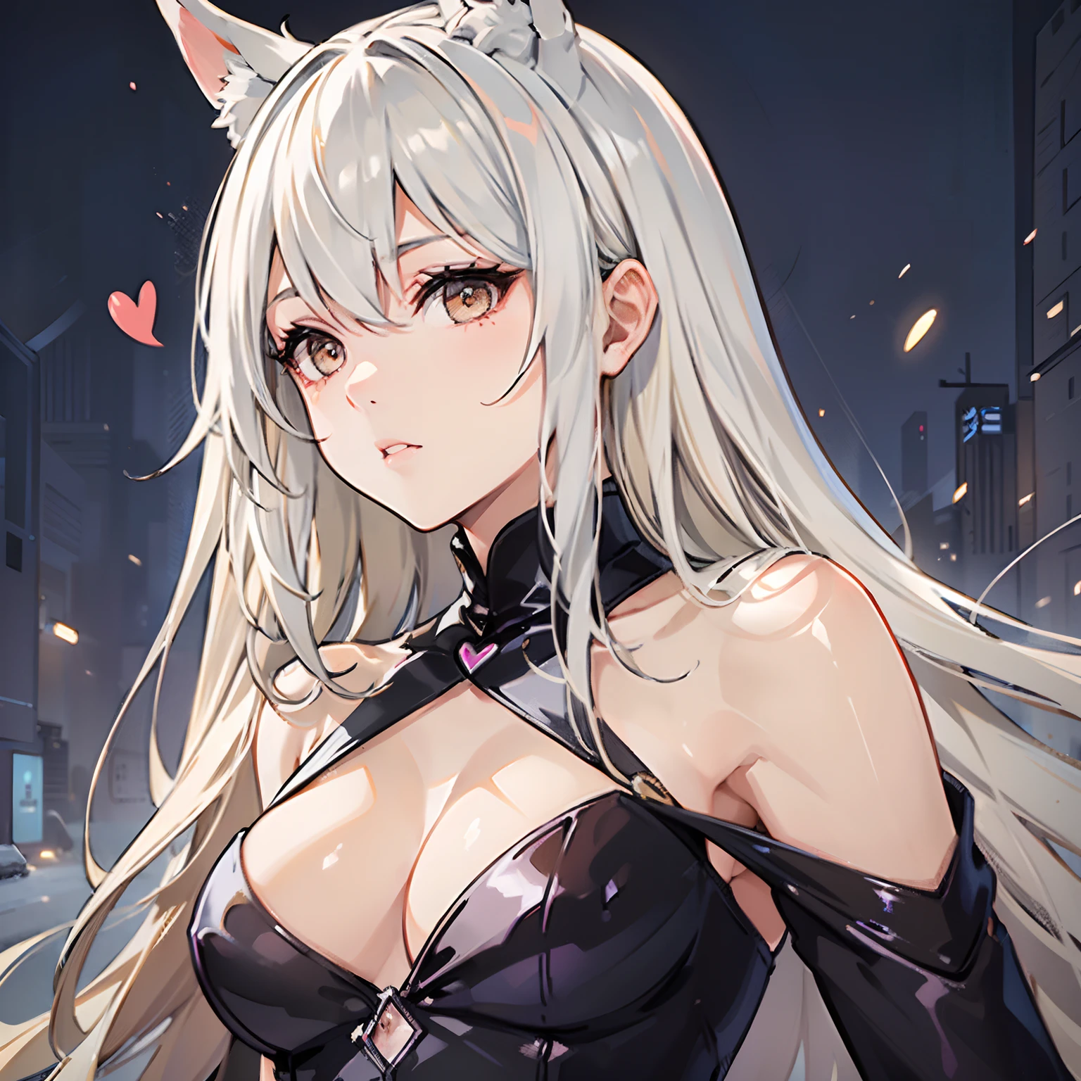 "(Blond hair with white eyes:1.3) girl in a sleek, black gown exuding an air of heartlessness and coldness, radiating elegance and majesty. She appears devoid of emotions looking gracefully with sly fox eyes