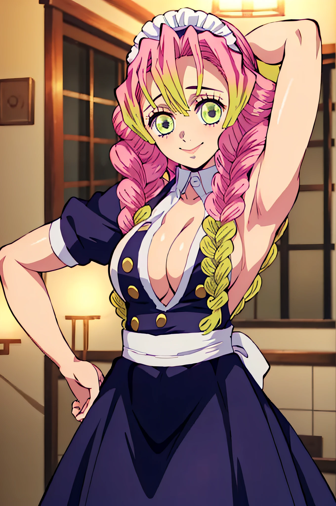 (obra maestra, mejor calidad), 1chica, MitsuriKanroji, deslumbrante, sonrisa, breast, armpits, maid