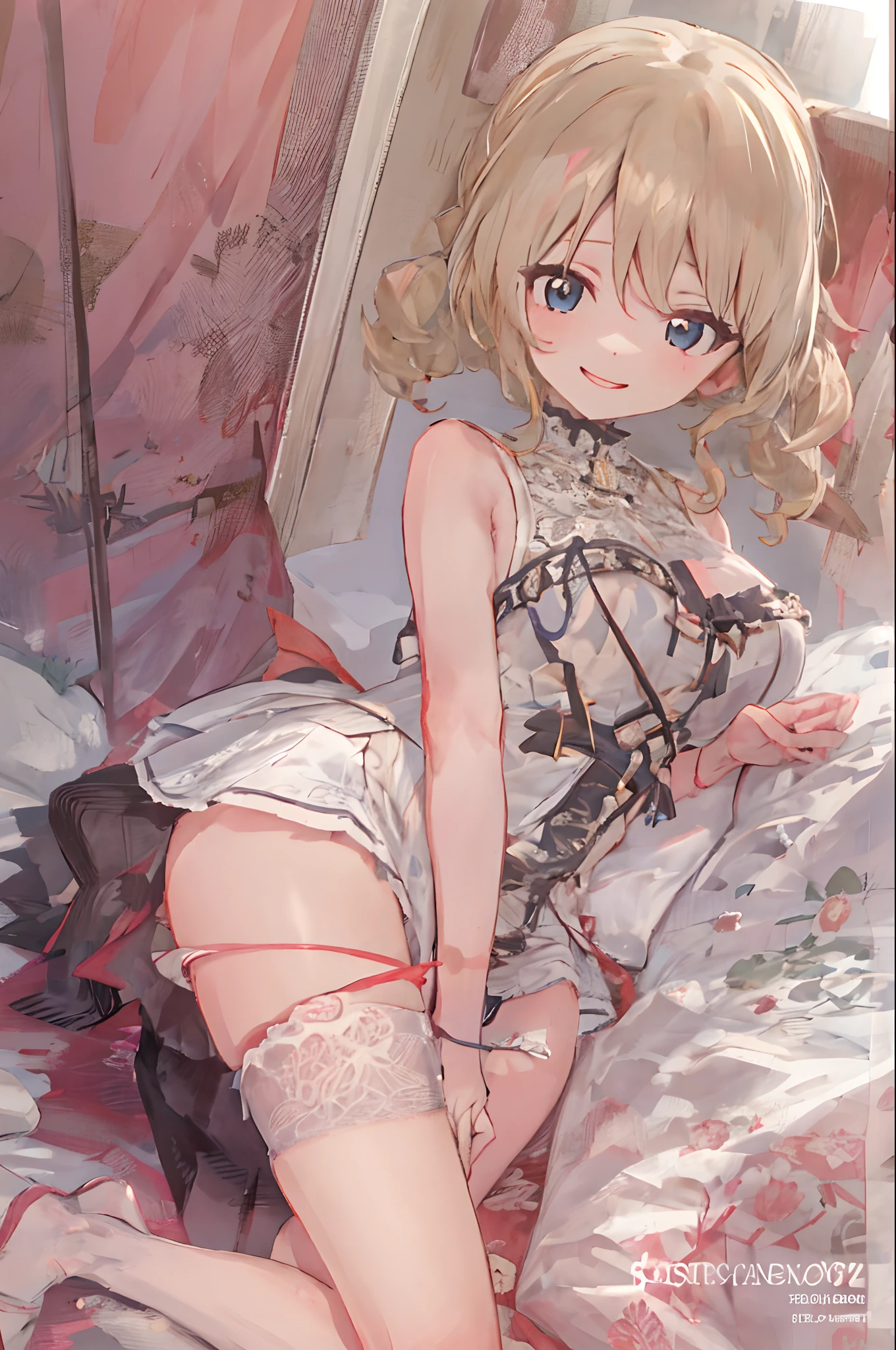 girl on top, cute, nice lingerie, perfect face, blue eyes, hand up lace skirt, underskirt view, skirt, raised leg, domineering look, view between the legs, lace panties, panties visible, panties peeking out, view from the under of the skirt, lace lingerie, panty view, sexy, smile, teasing look, peeing