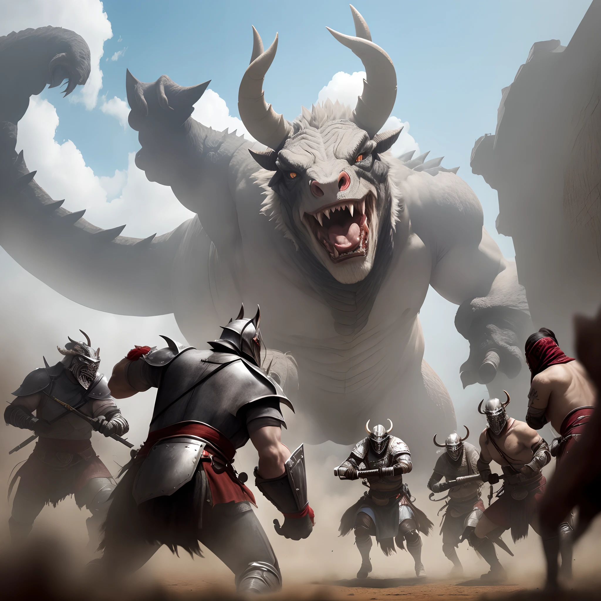 The attack of powerful white-clad warriors on big horned monsters who intend to slaughter innocent children and women.