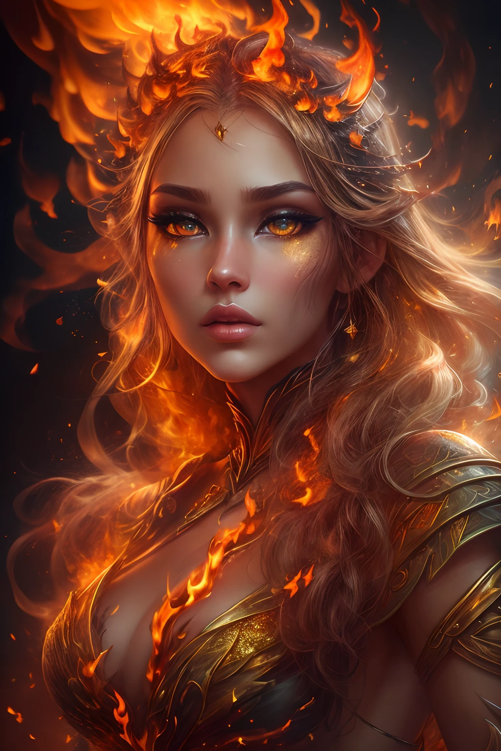 This (realistic fantasy) art contains embers, real flames, real heat, and realistic fire. Generate a masterpiece artwork of a ite female fire druid with large (((orange and gold))) eyes. The fire druid is awe-inspiring with beautiful ((realistic fiery eyes)) alight with confidence and power. Her features are elegant and well defined, with ((soft)) and (((puffy))) and (((smooth))) lips, elven bone structure, and realistic shading. Her eyes are important and should be the focal point of this artwork, with ((extremely realistic details, macro details, and shimmer.)) She is wearing a billowing and glittering dress ((made of realistic flames)) and jewels that glimmer in the fire light. Wisps of fire and smoke line the intricate bodice of the dress. Include bumps, stones, fiery iridescence, glowing embers, silk and satin and leather, an interesting background, and heavy fantasy elements. Camera: Utilize dynamic composition techniques to enhance the realistic flames.
