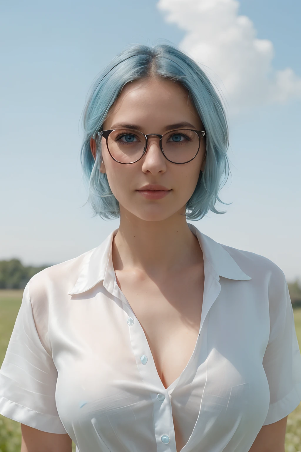 ((In the grass, a very cute woman wears a very short white silk miniskirt.) ((Wearing a white silk open shirt: 1.6.) 40k, photography, masterpiece, best quality, ((1 girl with blue eyes and gorgeous sky blue hair, she wears glasses on a beautiful face ,)), big ass full breasts until waiting to be dressed, sexy seductive pose. ((:1.3)), ultra-detailed face, detailed eyes.