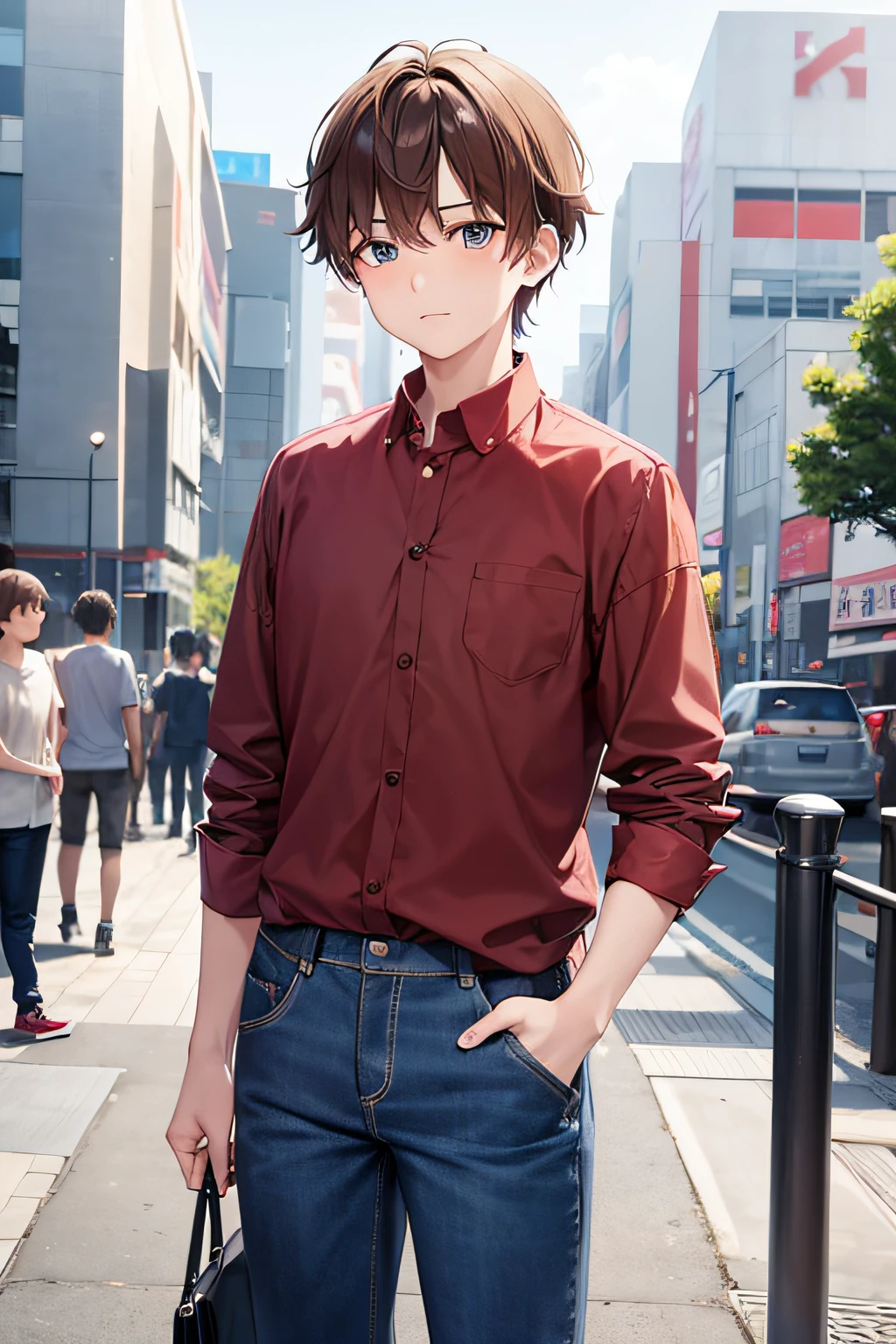 1boy, osaka, city, maroon shirt, long sleeve shirt, collared shirt, jeans, brown hair, light blue eyes, teenager,