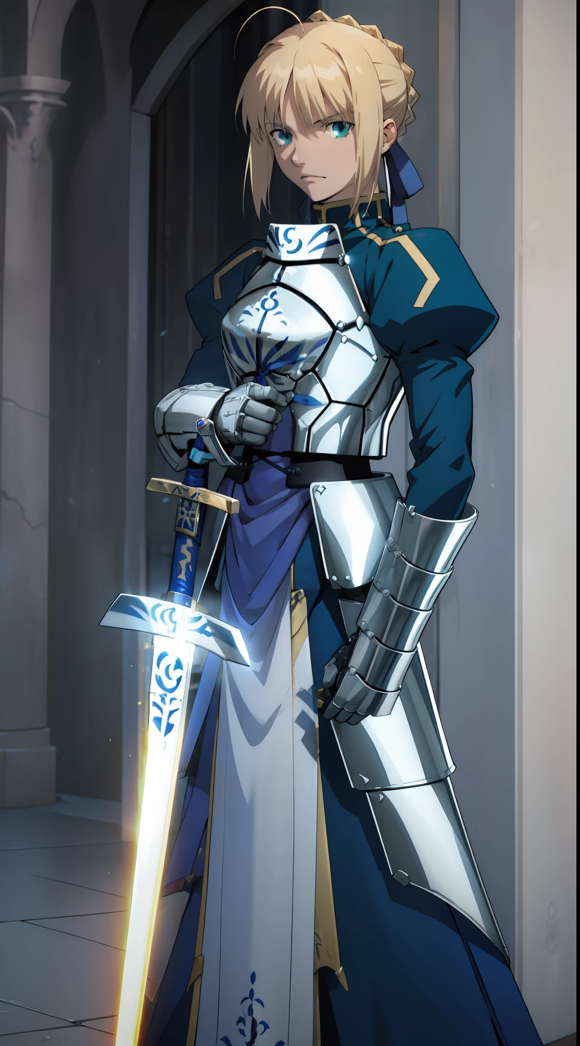(masterpiece:1.4), (best quality:1.4), realistic, 1girl, artoria pendragon \(fate\), armor, (excalibur \(fate/stay night\), sword, holding sword:1.1)