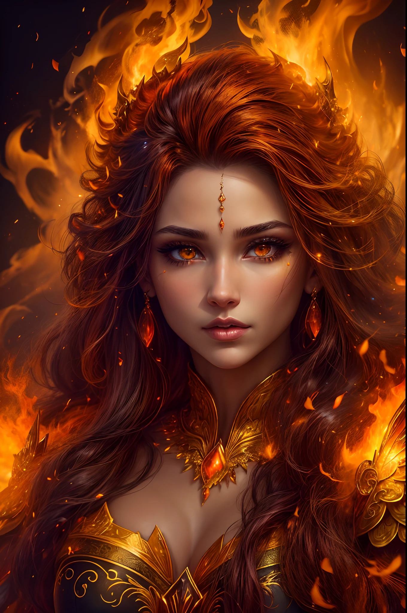 This (realistic fantasy) art contains embers, real flames, real heat, and realistic fire. Generate a masterpiece artwork of a petite female fire druid with large (((orange and gold))) eyes. The fire druid is awe-inspiring with beautiful ((realistic fiery eyes)) alight with confidence and power. Her features are elegant and well defined, with ((soft)) and (((puffy))) and (((smooth))) lips, elven bone structure, and realistic shading. (((Her eyes are important and should be the focal point of this artwork))), with ((extremely realistic details, macro details, and shimmer.)) She is wearing a billowing and glittering dress made of realistic flames and jewels that glimmer in the fire light. Wisps of fire and smoke line the intricate bodice of the dress. Include bumps, stones, fiery iridescence, glowing embers, silk and satin and leather, an interesting background, and heavy fantasy elements. Camera: Utilize dynamic composition techniques to enhance the realistic flames.