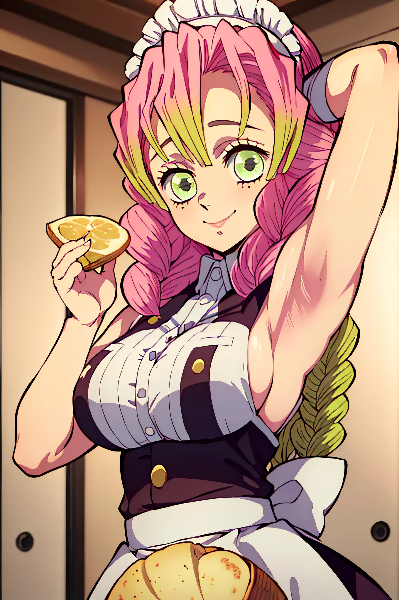 (obra maestra, mejor calidad), 1chica, MitsuriKanroji, deslumbrante, sonrisa, breast, armpits, maid, food, servant,