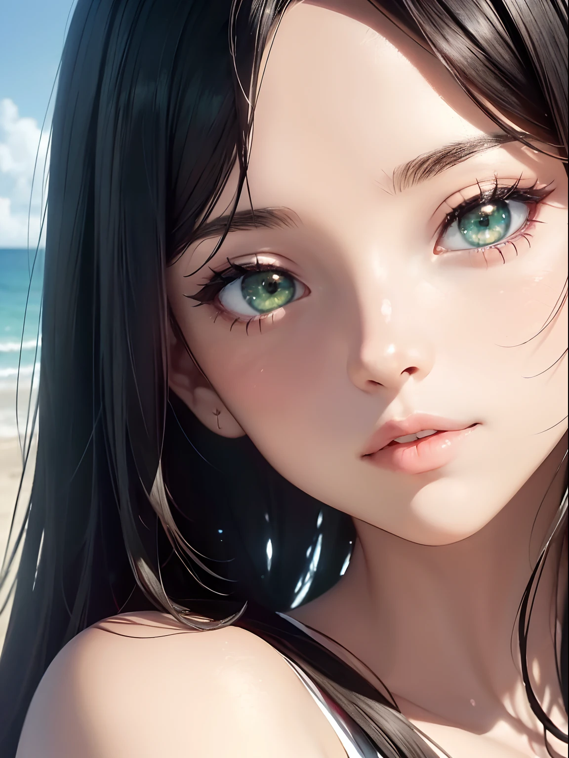 NFSW, 1 Lady, Face, (((1 Lady:1.37, Solo))), (((Close-up of the face))), (Beautiful face, Cute face, Detailed face), ((( Black hair, Semi-long hair, Hair pulled back, side poneyTail))), (((Detailed beautiful green eyes))), BREAK, (((Sunny))), (((in beach))), extremely detailed CG unified 8k wallpaper, very fine 8KCG wallpaper, anime moe art style, Anime visuals of cute girls, anime style portrait, In an anime style, Beautiful anime, 8K Anime Art Style, In anime style、8K animation with detailed drawings, (masterpiece, Best Quality), High resolution, Ultra-detailed, ultra-sharp, Cinematic lighting