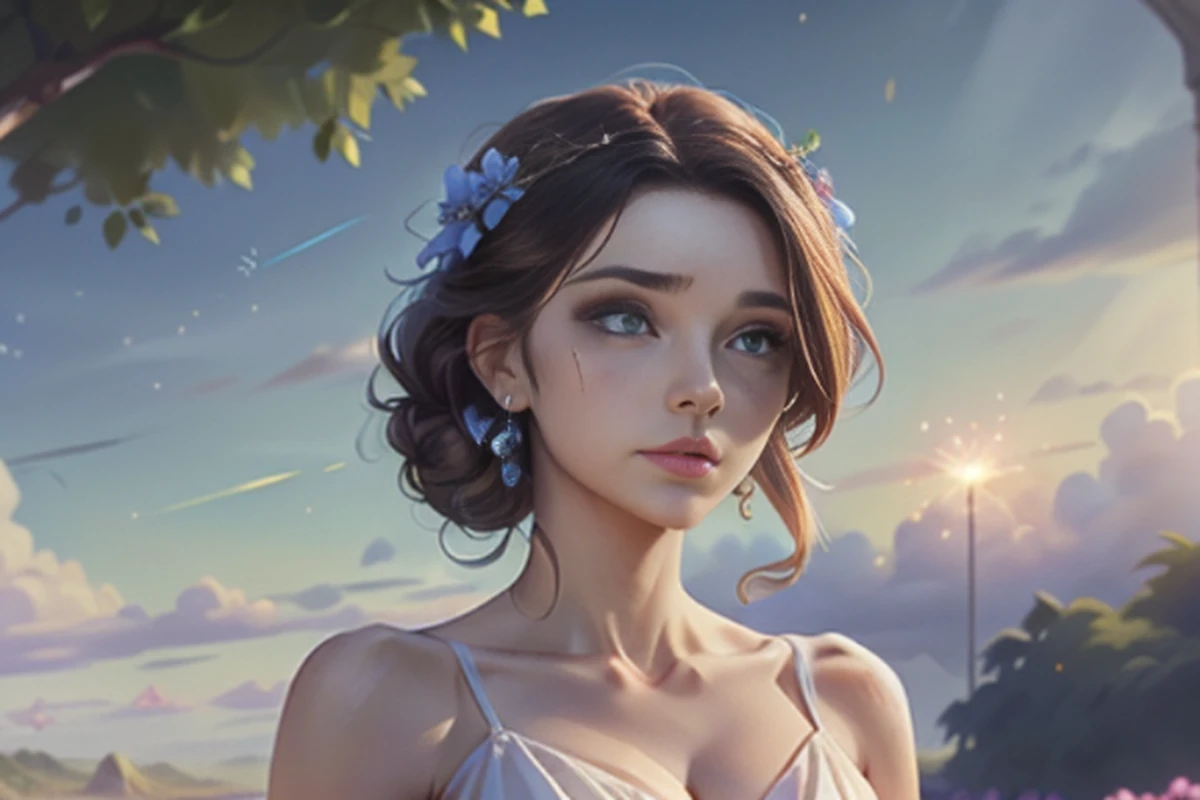 (uma garota、(Rosto da Beleza 1.4 Otome)、(medium milk、Constriction waist)、Bokeh、micron、Pele brilhante、Head、corpo inteiro、beautiful collarbone、corpo magro、Olhos detalhados、quimono、夏天、Sparklers, (sem pessoas em segundo plano:1.3)), (octans, sem humanos, heaven, paisagem, ao ar livre, nuvem, tree, rocha, dia, blue skies, flores de cerejeira, grama, clouded skies, montanha).