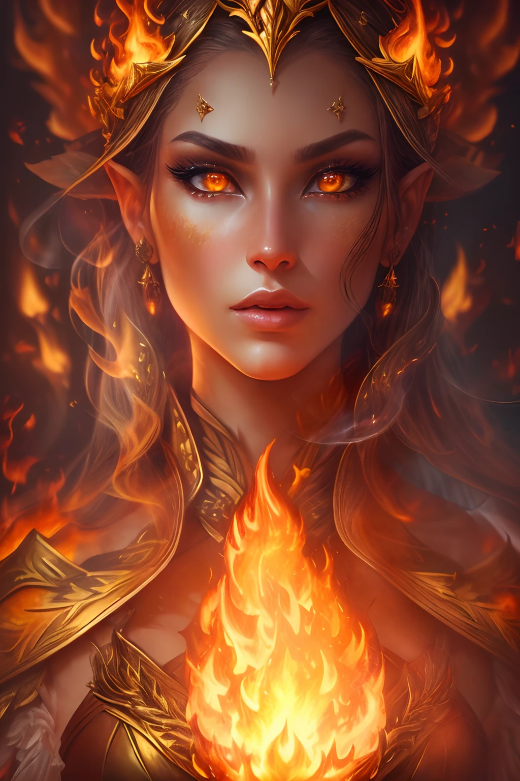 This (realistic fantasy) art contains embers, real flames, real heat, and realistic fire. Generate a masterpiece artwork of a ite female fire druid with large (((orange and gold))) eyes. The fire druid is awe-inspiring with beautiful ((realistic fiery eyes)) alight with confidence and power. Her features are elegant and well defined, with ((soft)) and (((puffy))) and (((smooth))) lips, elven bone structure, and realistic shading. Her eyes are important and should be the focal point of this artwork, with ((extremely realistic details, macro details, and shimmer.)) She is wearing a billowing and glittering dress ((made of realistic flames)) and jewels that glimmer in the fire light. Wisps of fire and smoke line the intricate bodice of the dress. Include bumps, stones, fiery iridescence, glowing embers, silk and satin and leather, an interesting background, and heavy fantasy elements. Camera: Utilize dynamic composition techniques to enhance the realistic flames.