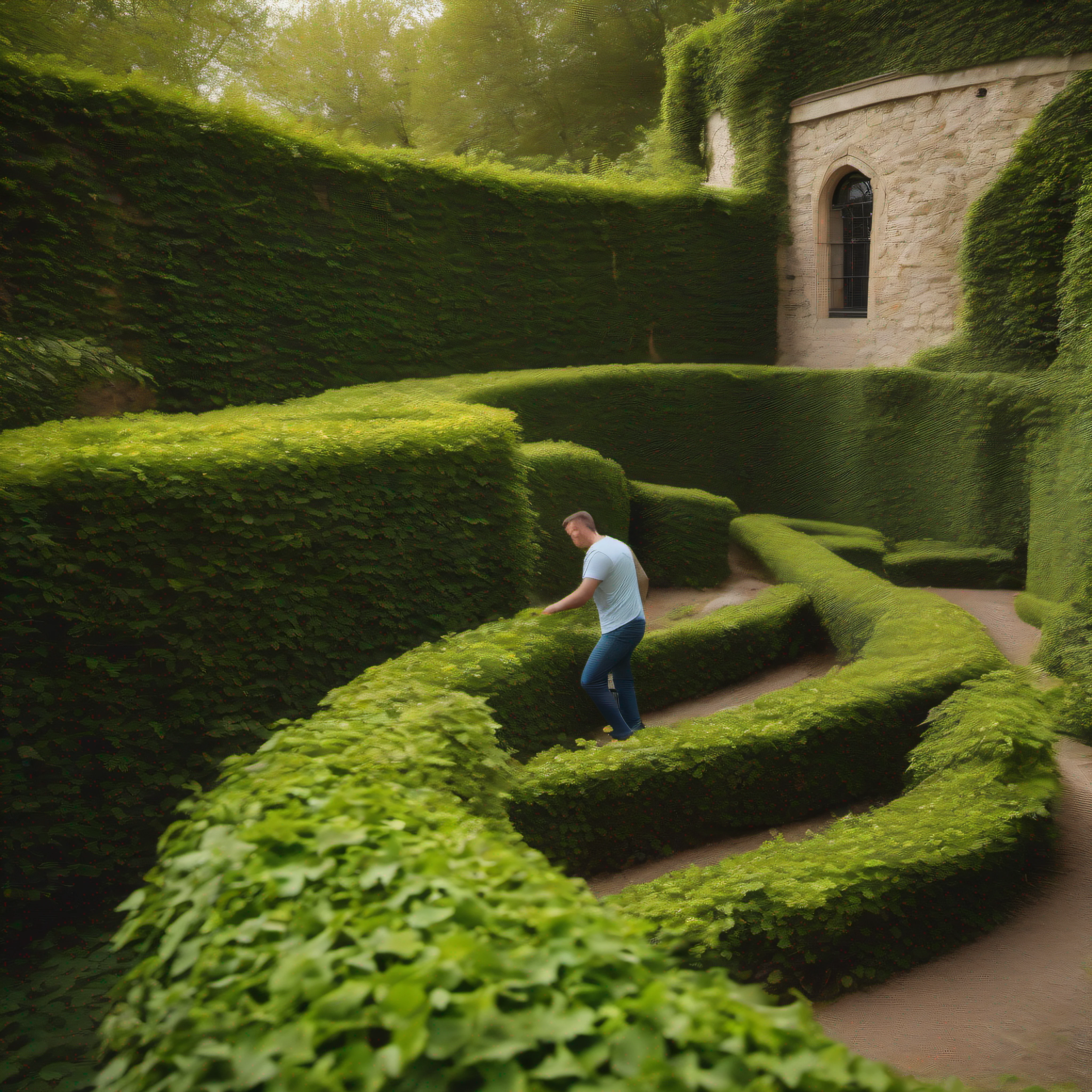 A good-looking man Climbing the green slope of A labyrinth made of ivy in a beautiful garden of a fabulous castle located on the top of a wooded cliff. Canon RF 85mm f/1.2L USM, Ultra realista, realista, foto realista