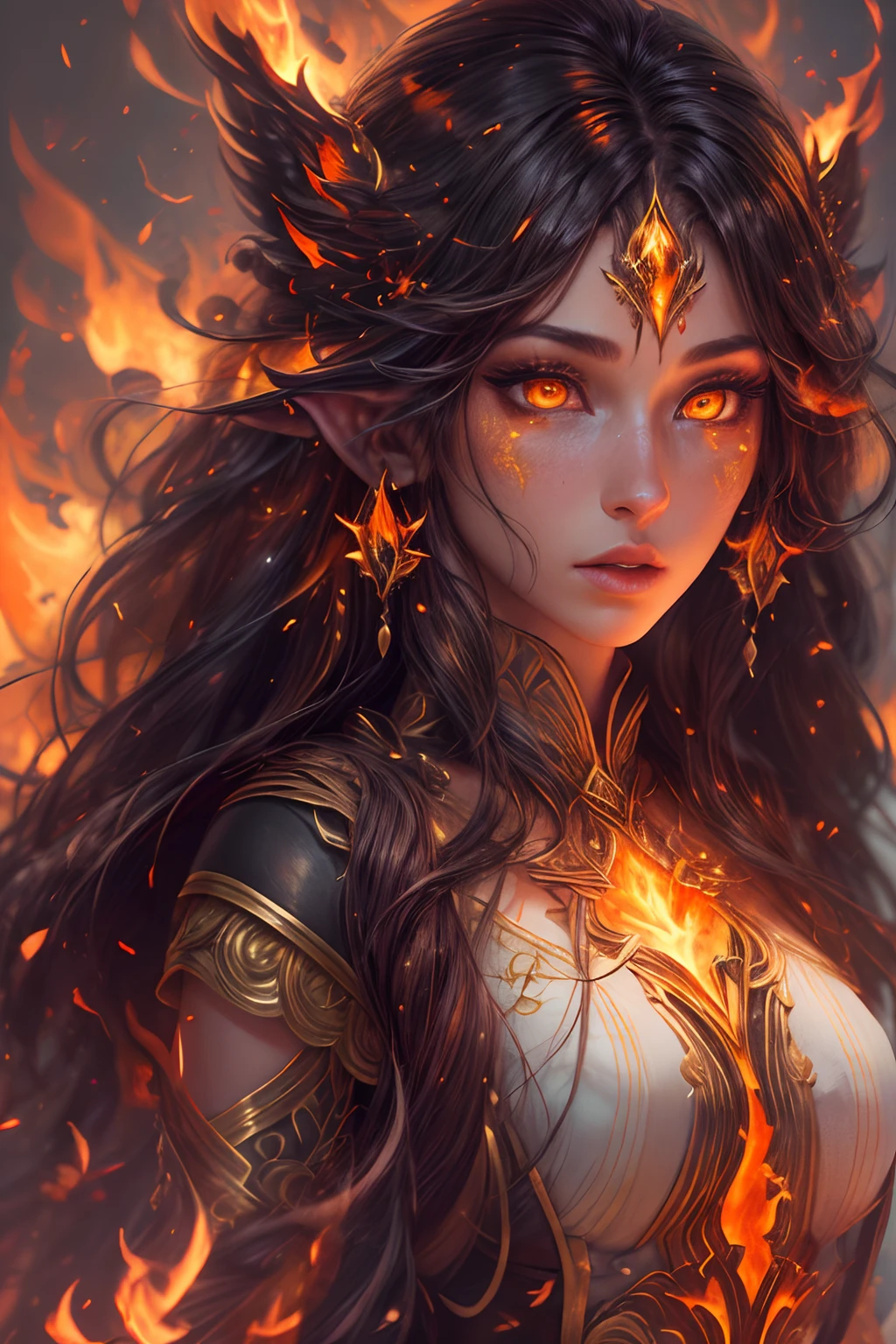 This (realistic fantasy) art contains embers, real flames, real heat, and realistic fire. Generate a masterpiece artwork of a petite female fire druid with large (((orange and gold))) eyes. The fire druid is awe-inspiring with beautiful ((realistic fiery eyes)) alight with confidence and power. Her features are elegant and well defined, with ((soft)) and (((puffy))) and (((smooth))) lips, elven bone structure, and realistic shading. Her eyes are important and should be the focal point of this artwork, with ((extremely realistic details, macro details, and shimmer.)) She is wearing a billowing and glittering dress ((made of realistic flames)) and jewels that glimmer in the fire light. Wisps of fire and smoke line the intricate bodice of the dress. Include bumps, stones, fiery iridescence, glowing embers, silk and satin and leather, an interesting background, and heavy fantasy elements. Camera: Utilize dynamic composition techniques to enhance the realistic flames.