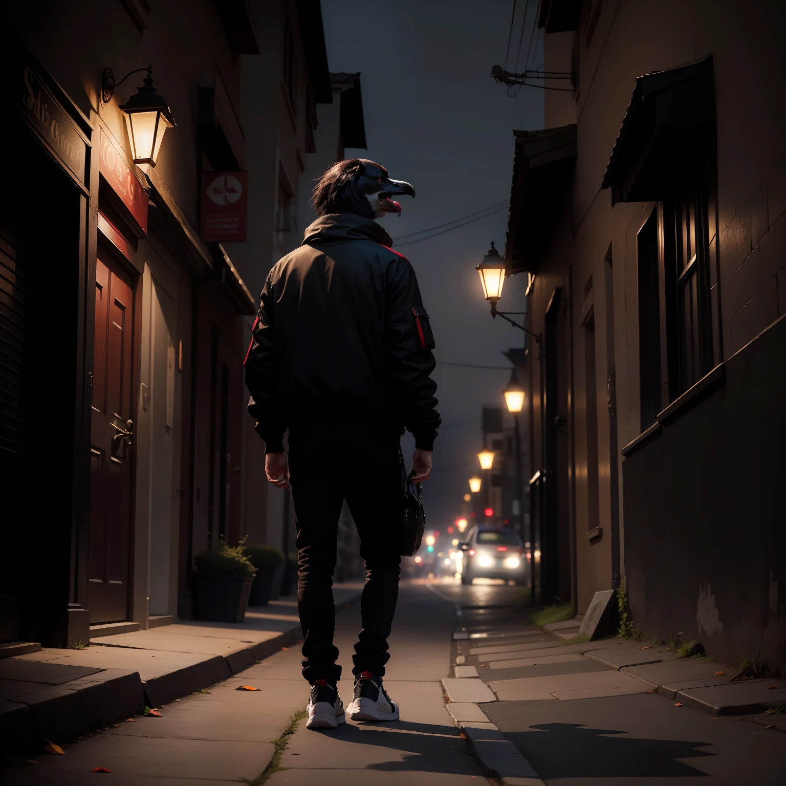 A crow on a dark street with dimly lighting, vestindo um casaco preto e vermelho, on the legs a wide trouser and on the feet a black and red sneaker