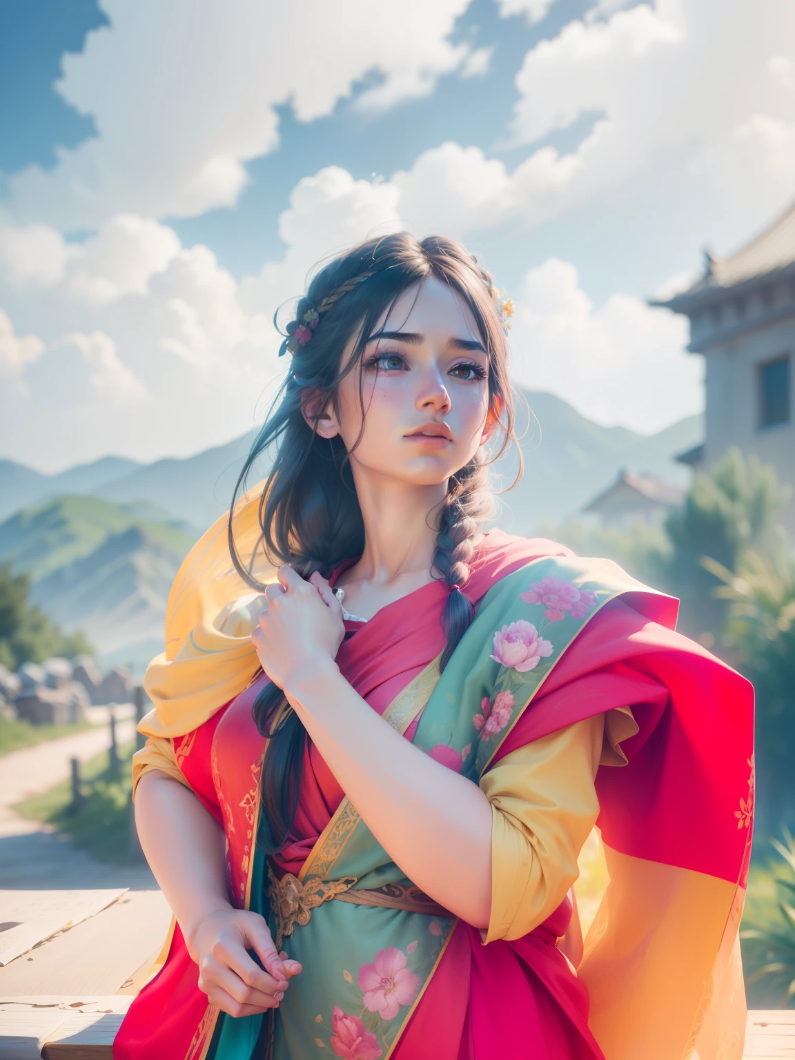 (RAW photo, best quality), (realistic, photo-realistic:1.3),best quality,highly detailed,masterpiece,ultra-detailed,illustration,1girl,upper_body,dynamic angle,world masterpiece theater,messy_long_hair,best quality,extremely detailed CG unity 8k wallpaper,ink,Amazing,cinematic lighting,lens_flare, dunhuang_style
