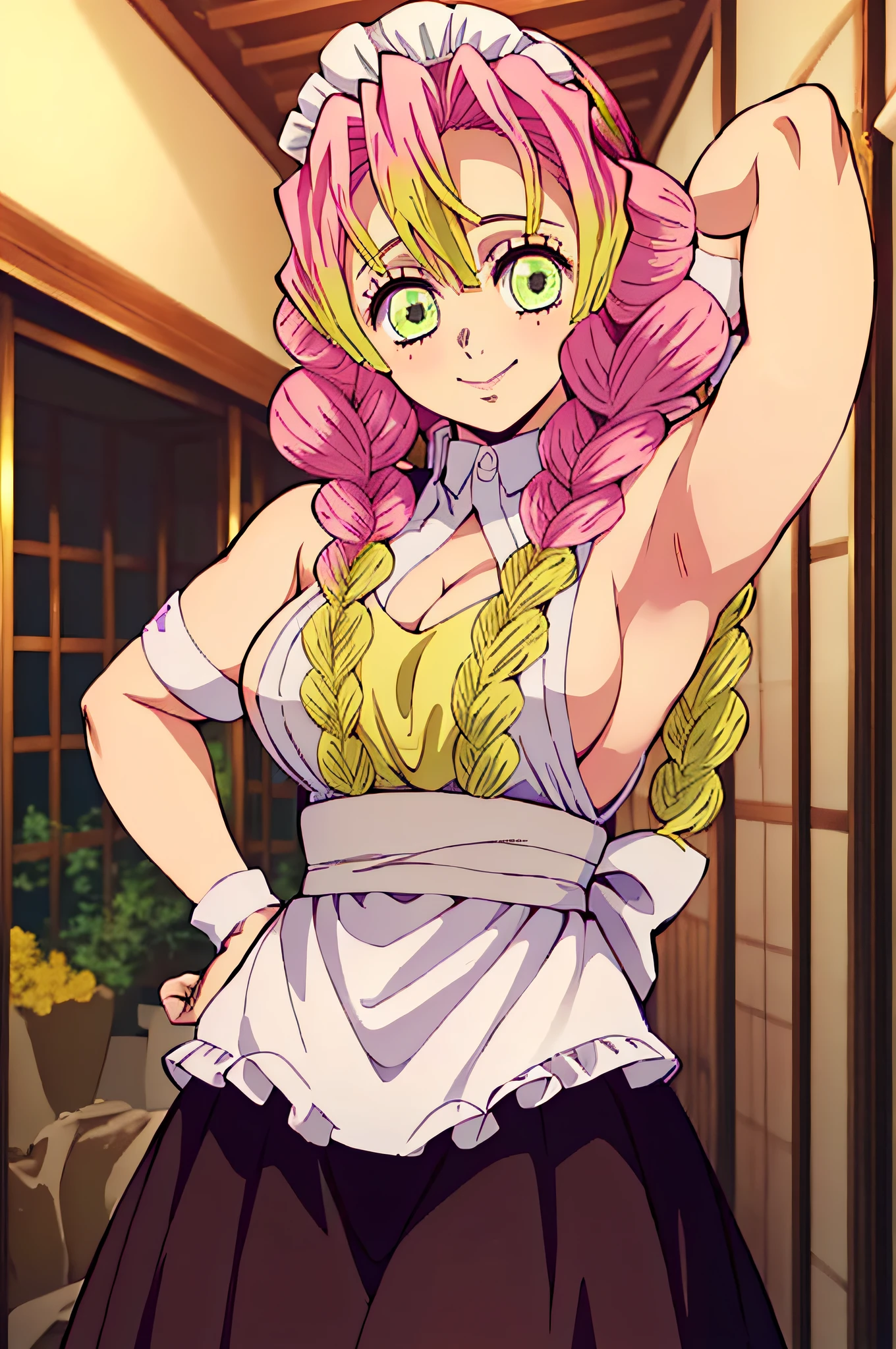 (obra maestra, mejor calidad), 1chica, MitsuriKanroji, deslumbrante, sonrisa, breast, armpits, maid, food, servant,