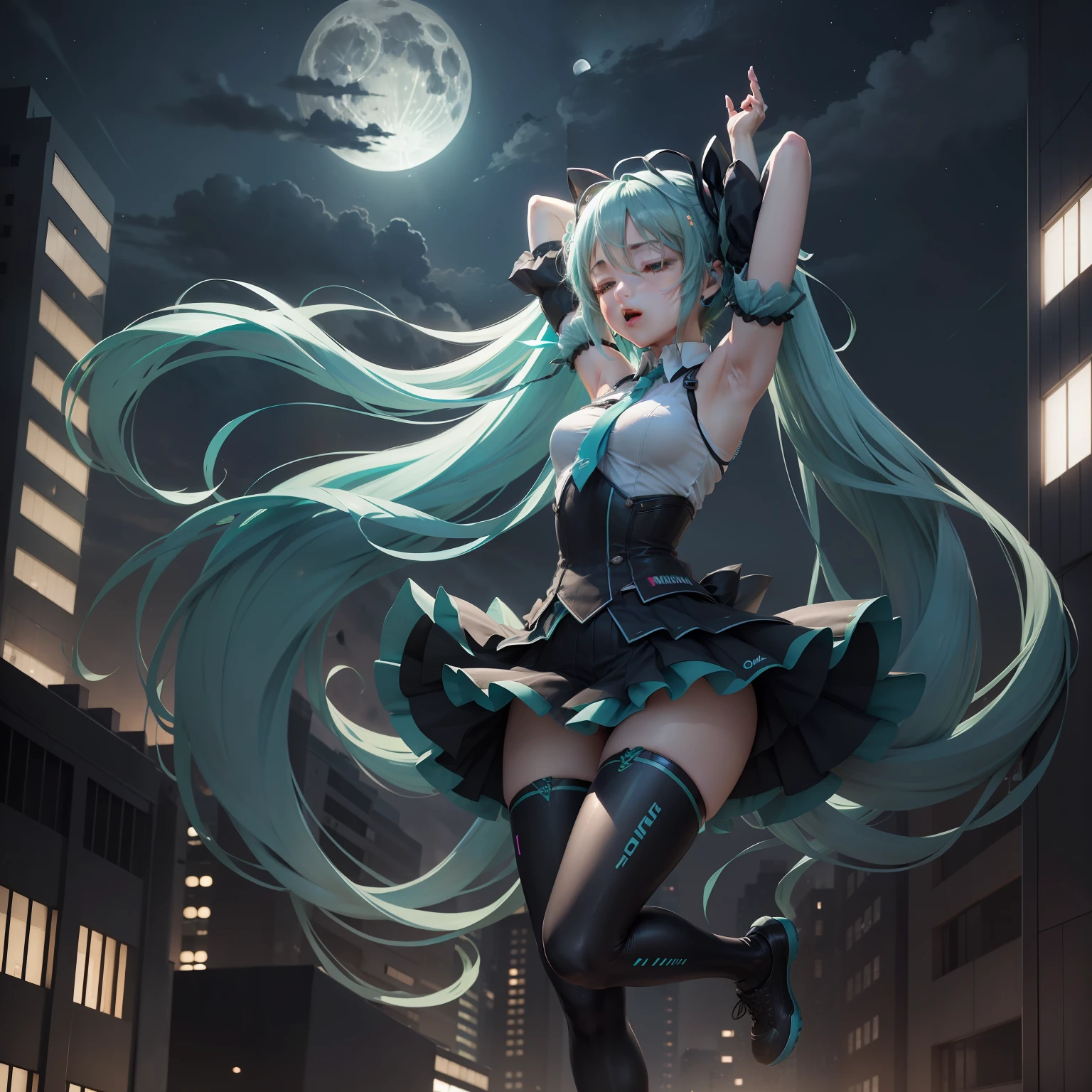 1womanl、miku hatsune、Full body like、Hatsune Miku's uniform、Close your eyes and sing a song、spreading arms widely、moderate breast、Pants are visible、On the roof of a building、natta、nighttime scene、full moon in background