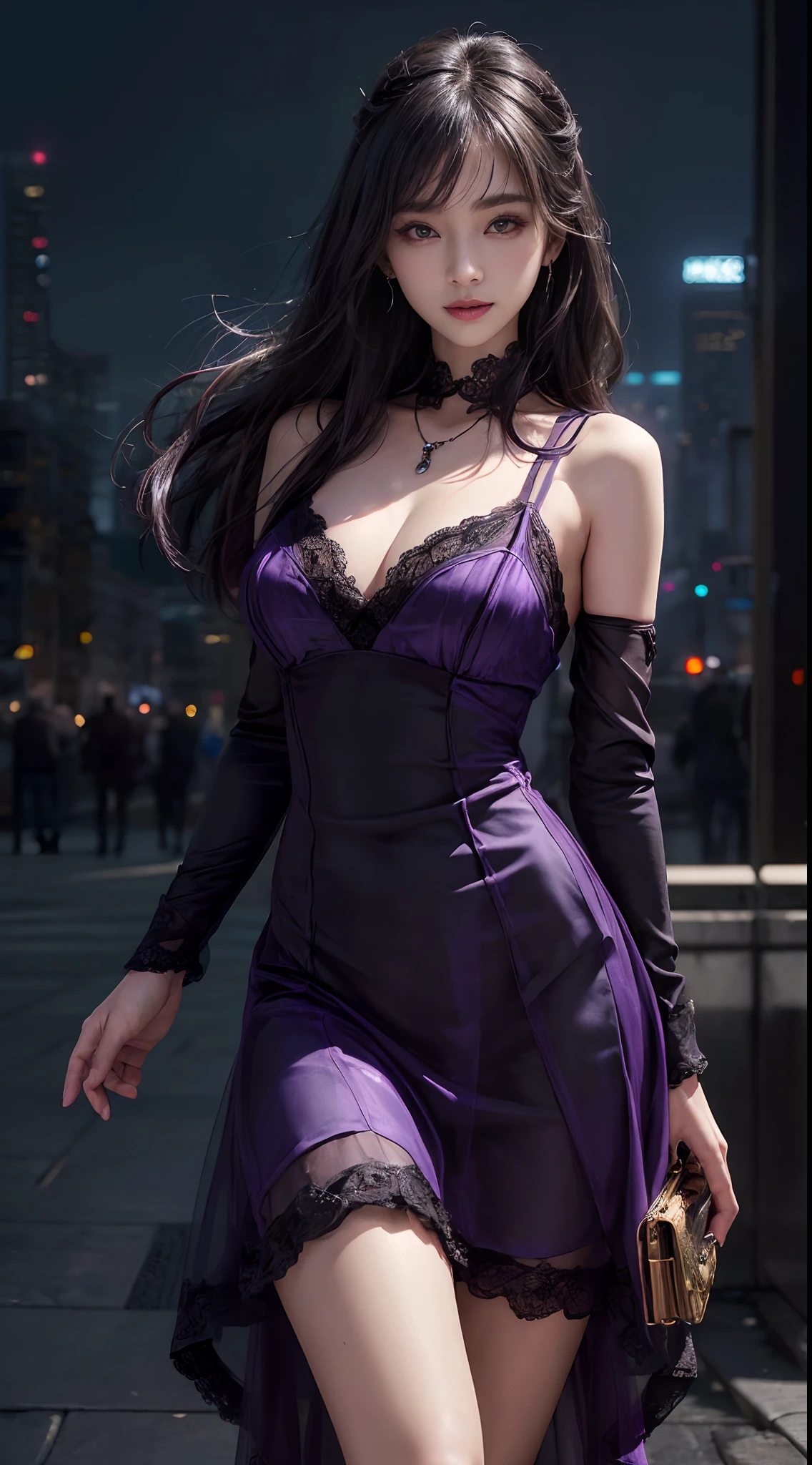 8k, masterpiece, RAW photo, best quality, photorealistic, extremely detailed CG unity 8k wallpaper, Depth of field, Cinematic Light, Lens Flare, Ray tracing, (extremely beautiful face, beautiful lips, beautiful eyes), intricate detail face, ((ultra detailed skin)) 1girl, in the dark, deep shadow, pretty korean girl, kpop idol,(very slim slender fit-muscled body:1.3), ((looking at viewer)),(big smile:1.3), (tight mini dress), (shot sleeve) , (dim lights, (neon sign), (big building), city night, cityscape ), (without people in the background:1.3), pretty korean girl, earrings, bracelets, dia necklace, pantyhose, clear eyes, walking , front shot, (pale skin), face forward, (big eyes), ((upper body shot)), ((silk Laced)), ((black, purple color dress:1.3)), (looking at viewer:1.3), (see through, laced dress), open breasts, Hermes bag