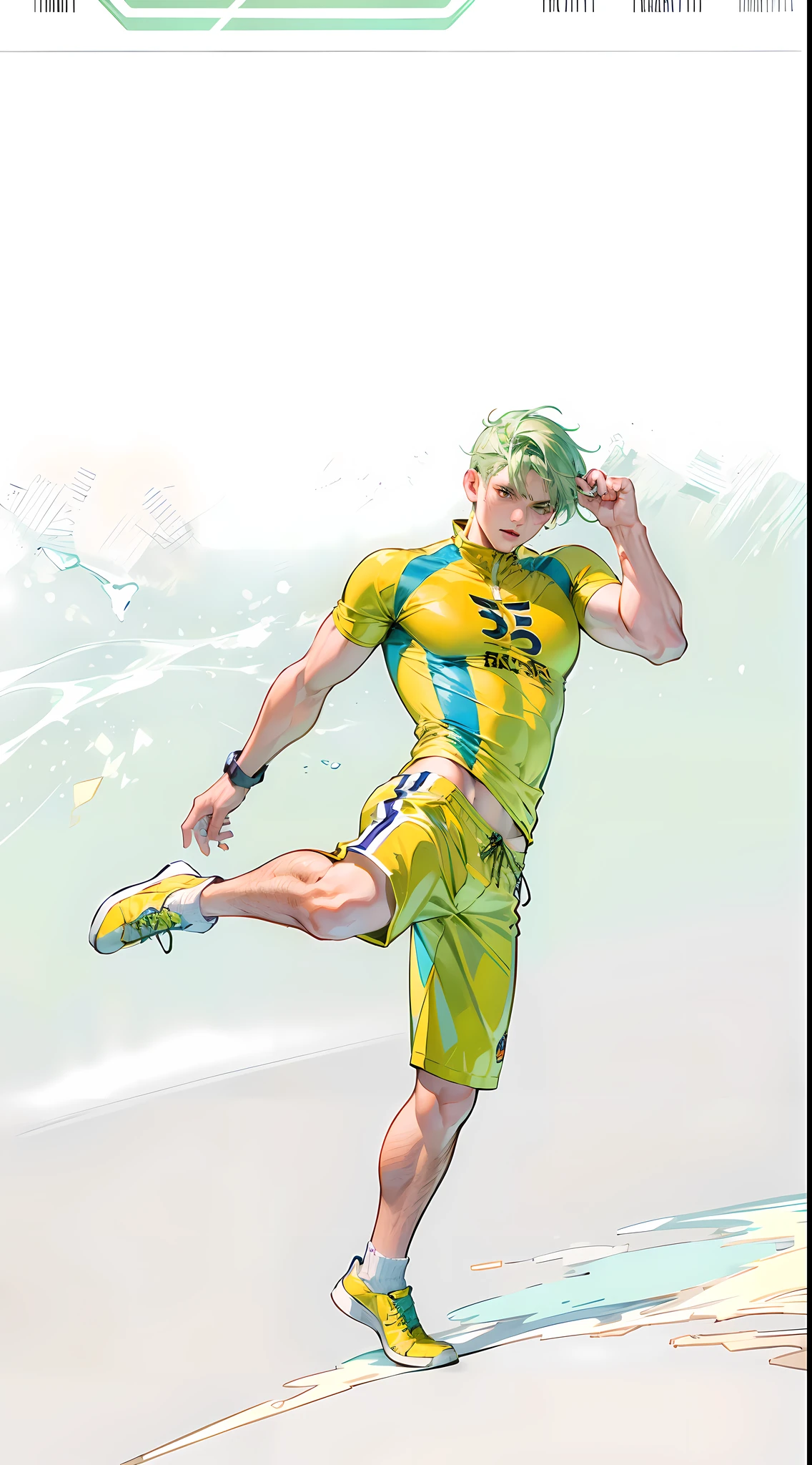 ((masterpiece: 1.4, best quality)), ((masterpiece, best quality)), short green hair and big eyes, boy, delicate hair, serious, T-shirt and shorts, kick pose