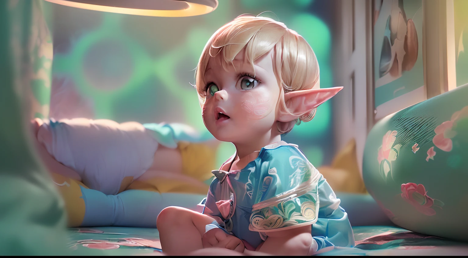 (Elven toddlers:1.2) (1kid:1.2) in a futuristic (diaper:1.2) commercial, (colorful lighting, bright colors:1.2) in a brightly colored futuristic (Children's room interior concept:1.2) background, (photorealistic:1.4),(((ultra detailed background, delicate pattern, intricate detail, highly detailed, fine details)),((skindentation)), (bright studio lighting:1.2), depth of field, bokeh, 4K, HD