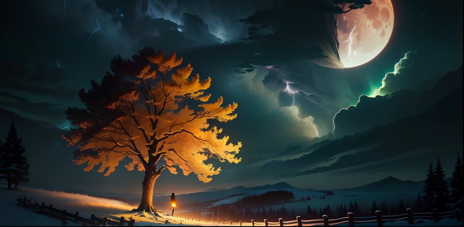 springtime,florals,The tree,nighttime scene,ultraclear,8k,meteors,themoon,solitary Man,Wallpaper phone,vertical screen,1136*2048,Lightning strikes wood,