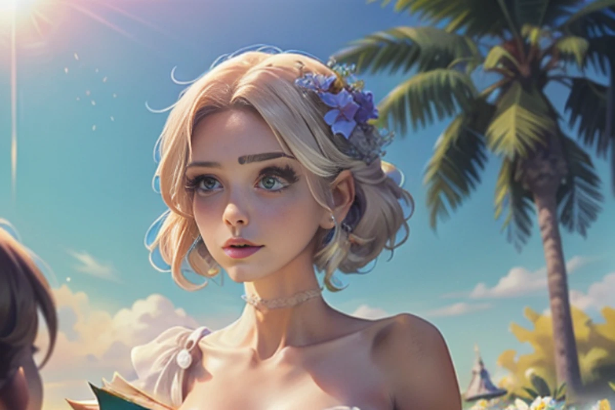 (uma garota、(Rosto da Beleza 1.4 Otome)、(medium milk、Constriction waist)、Bokeh、micron、Pele brilhante、Head、corpo inteiro、beautiful collarbone、corpo magro、Olhos detalhados、quimono、夏天、Sparklers, (sem pessoas em segundo plano:1.3)), (octans, sem humanos, heaven, paisagem, ao ar livre, nuvem, tree, rocha, dia, blue skies, flores de cerejeira, grama, clouded skies, montanha).