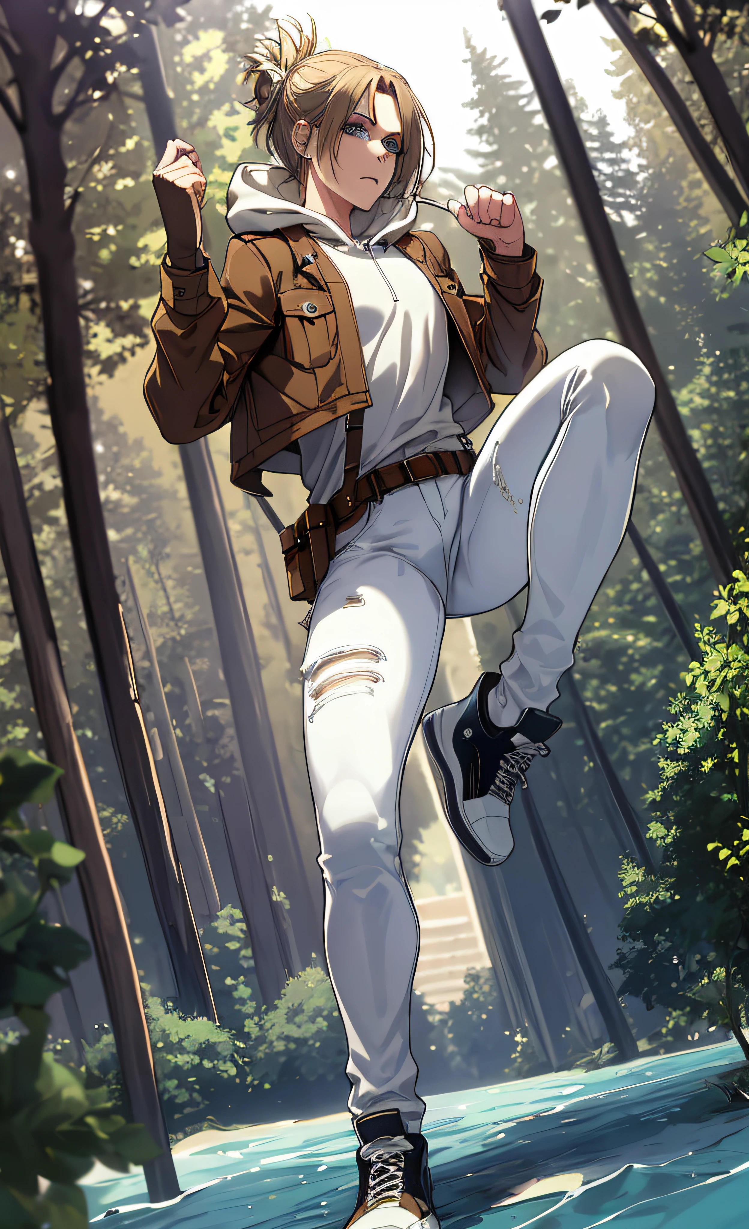 AnnieAOT, solo, paradis_military_uniform, jacket, open jacket, full length tucked-in pale brown _hooded_undershirt, uniform, military_uniform, white_denim_jeans, dark brown waist harness on jeans, extremely detailed face, forest, river, sneakers, extremely_detailed_white_denim_mid-rise_jeans, pants, petite, dark_brown_waist_harness_on_white_jeans, waist belt, thigh belts, fit glutes, [[full body]], arched back, sneakers, pov_glutes, B-cup, sneakers, dramatic lighting, Large anime eyes, best quality eyes, extremely detailed white denim jeans, muay thai fighting stance, standing in knee-high water. large waterfall background, trees, dramatic lighting,