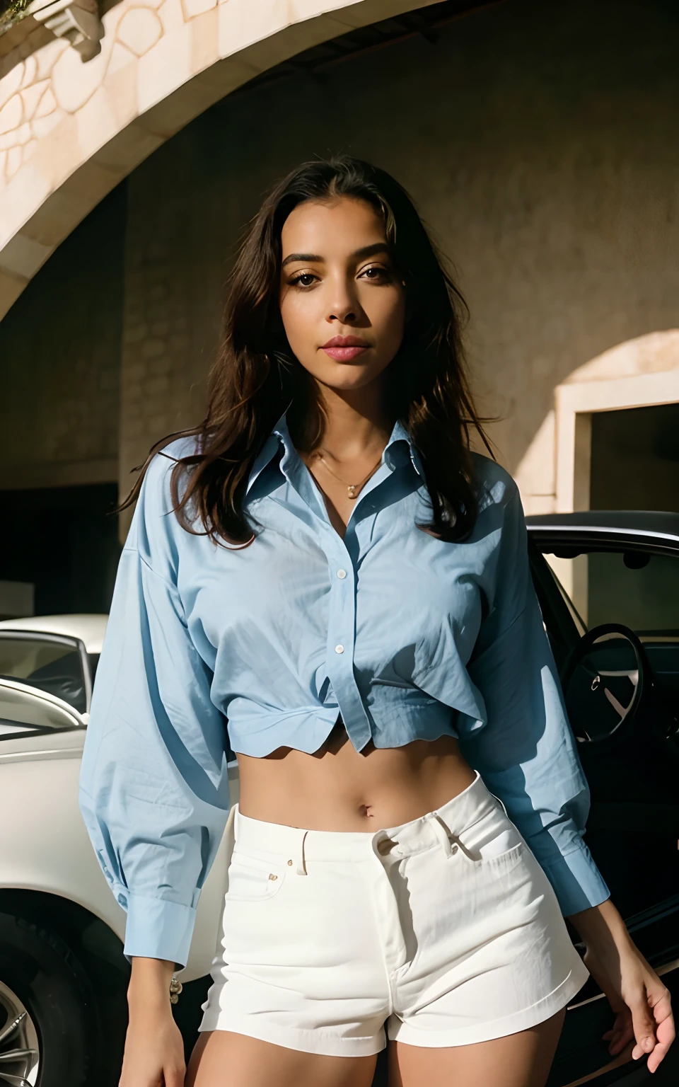 Stylish white shorts and button-down blouse, modelo com cabelo loiro estilo anos 90, corpo inteiro, Back-to-back mansion with luxury car, looking-into-camera, contato visual filmado no CineStill 800T, ((pele detalhada ultra realista)), textura ultra pele, skin imperfections, detalhes intrincados, 32k, cinematic  composition, Professional Color Grading, cinematic lighthing, ((chave baixa)), (((grain of film))), atmosfera, maravilhoso