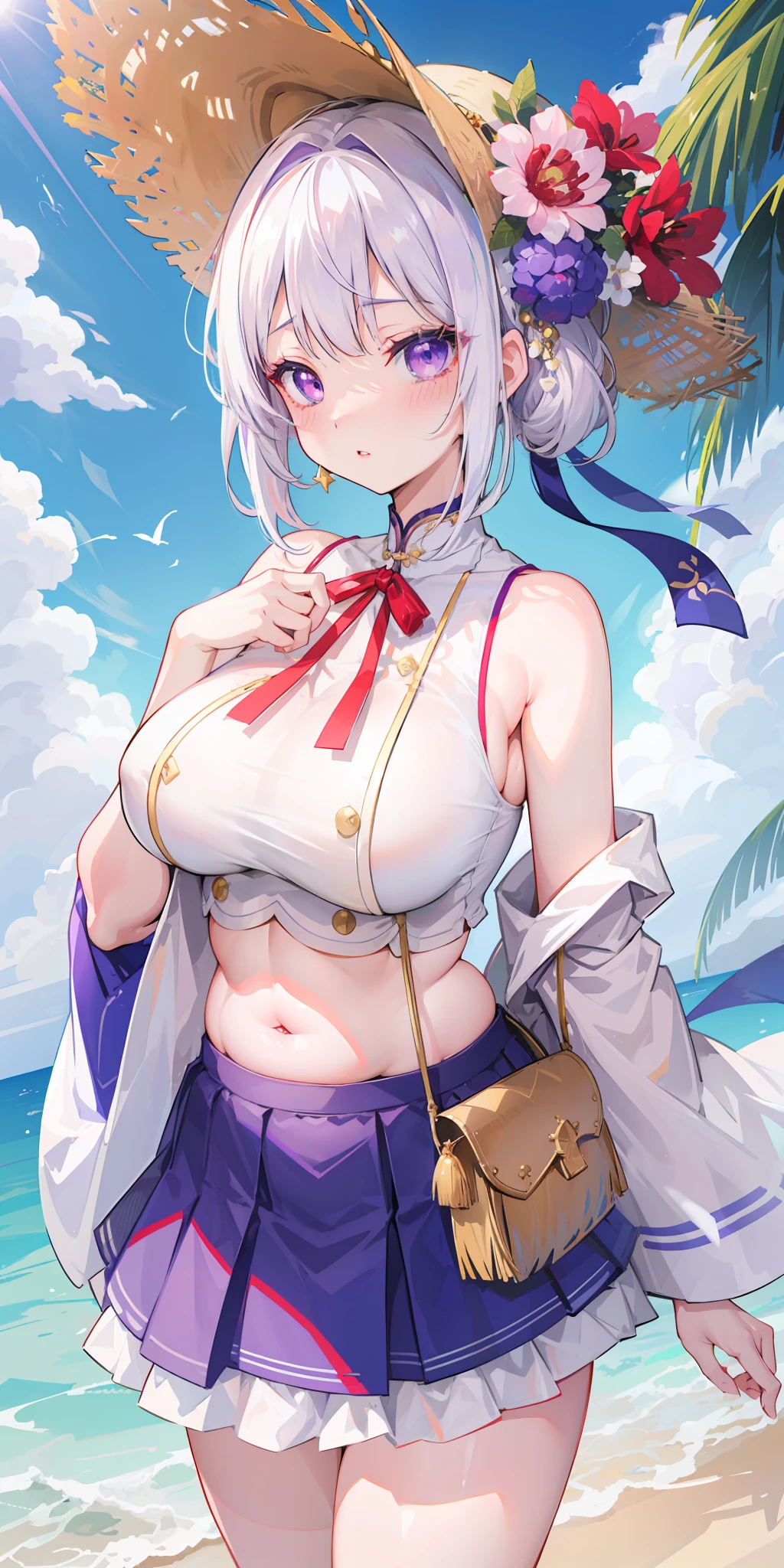 realisticlying、女の子 1 人、white  hair、Purple eyes、radiant eyes、croptop、skirt by the、Parted lips、red blush、natta、florals、suns、sunlights、large full breasts、Plump
