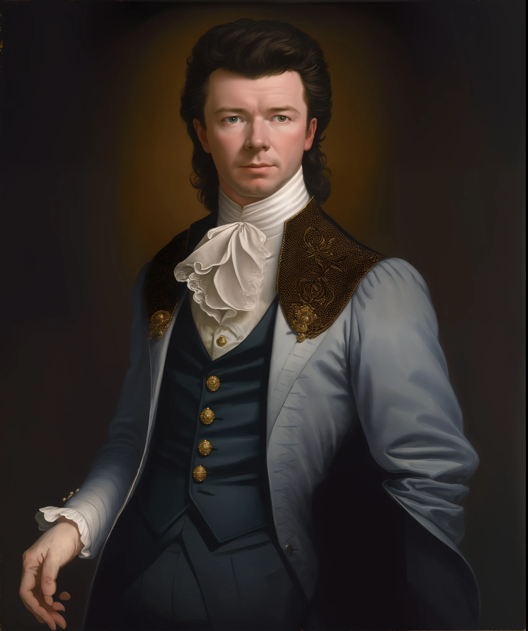 arafed portrait of rick astley with a white collared shirt and vest, historic portrait, portrait of a victorian era duke, inspired by Charles Willson Peale, close portrait, detailed portrait, painting of, classic portrait, by George Barret, Jr., by Rembrandt Peale, by Rubens Peale, classical portrait, rococo portrait