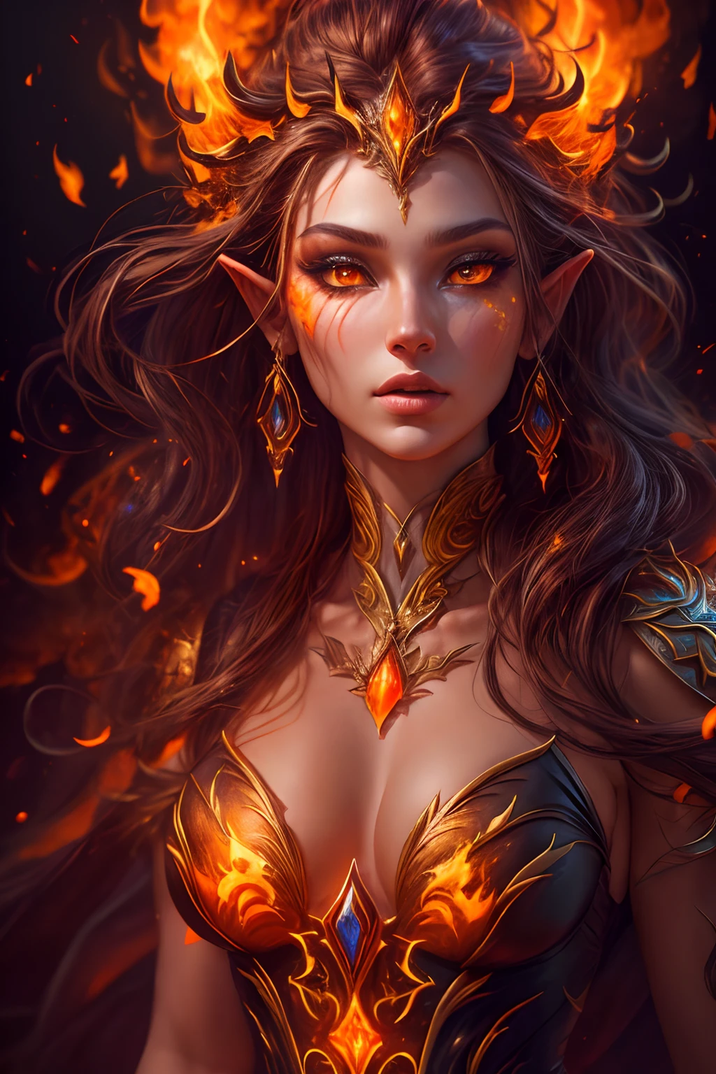 This (realistic fantasy) art contains embers, real flames, real heat, and realistic fire. Generate a masterpiece artwork of a ite female fire druid with large (((orange and gold))) eyes. The fire druid is awe-inspiring with beautiful ((realistic fiery eyes)) alight with confidence and power. Her features are elegant and well defined, with ((soft)) and (((puffy))) and (((smooth))) lips, elven bone structure, and realistic shading. Her eyes are important and should be the focal point of this artwork, with ((extremely realistic details, macro details, and shimmer.)) She is wearing a billowing and glittering dress ((made of realistic flames)) and jewels that glimmer in the fire light. Wisps of fire and smoke line the intricate bodice of the dress. Include bumps, stones, fiery iridescence, glowing embers, silk and satin and leather, an interesting background, and heavy fantasy elements. Camera: Utilize dynamic composition techniques to enhance the realistic flames.